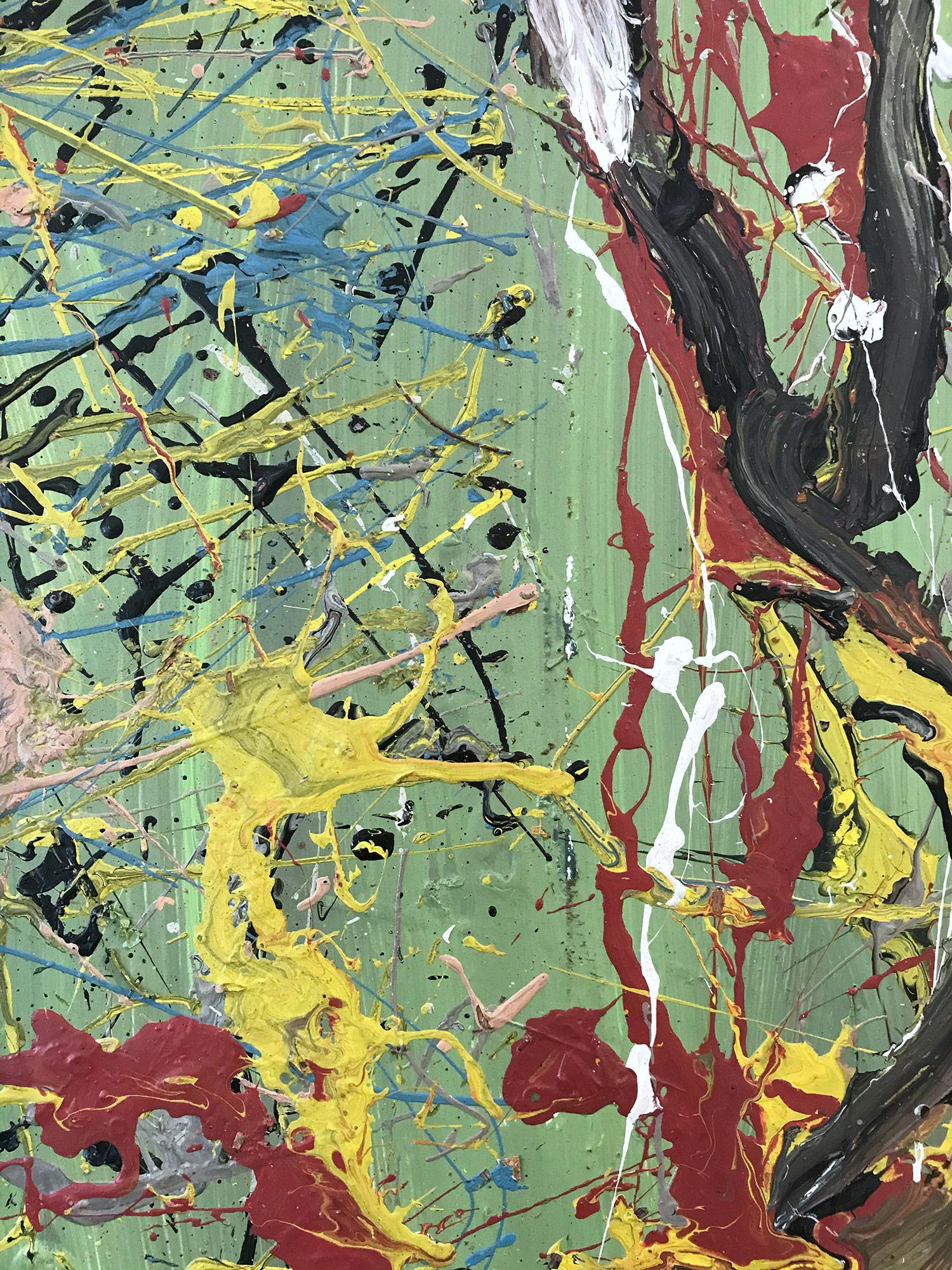 A strong Mid Century piece composed in the 1960's by Purvis Young. Comes displayed in the original Mid Centruy modern wood frame with hanging wire on verso. A stunning piece done in a Jackson Pollock style with thrown paint, and gestural brushwork