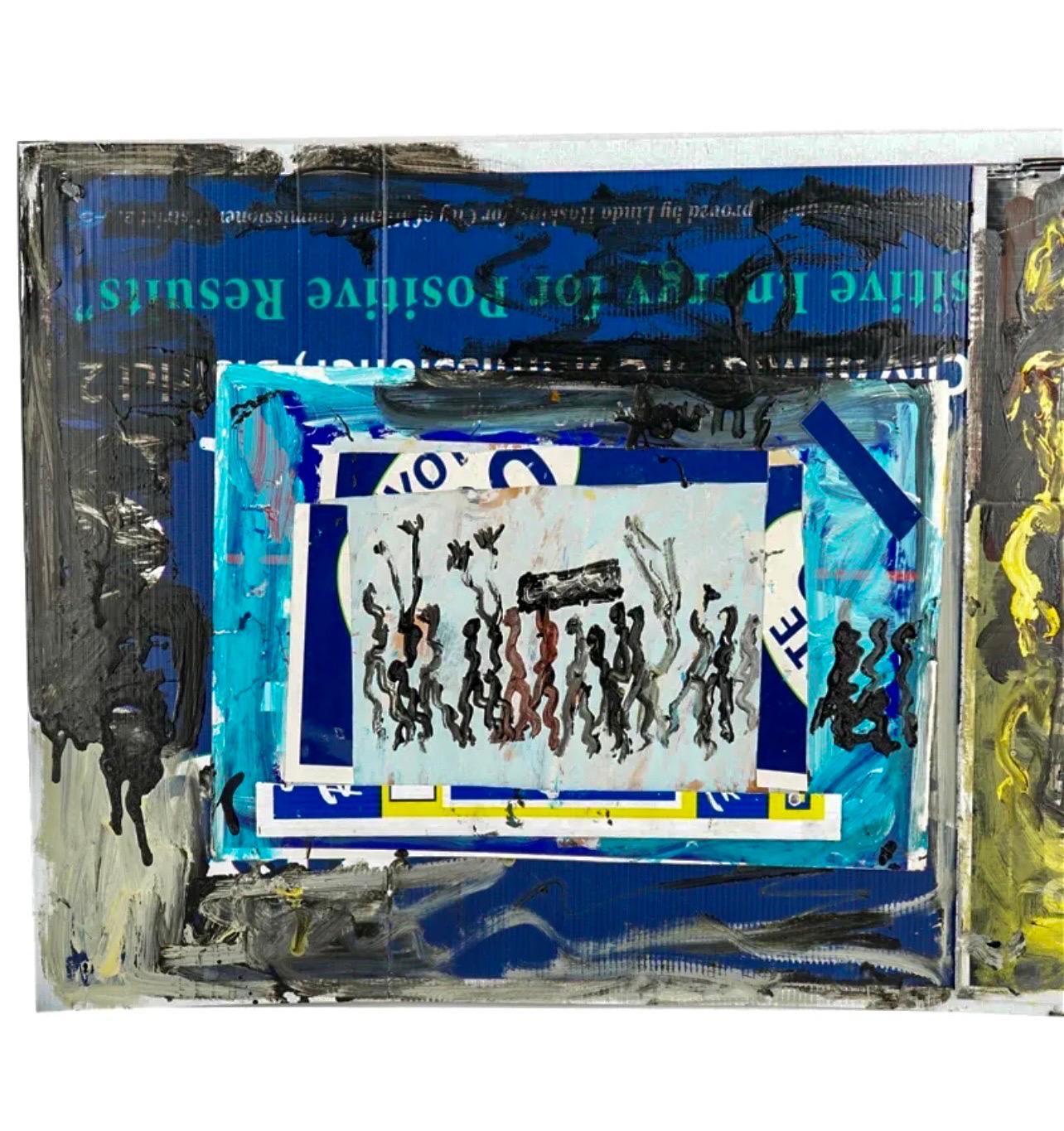 Purvis Young  (1943-2010)
Mixed media collage  oil on poster board painting. Painted atop a voting advertisement sign.
Signed in multiple places on piece 