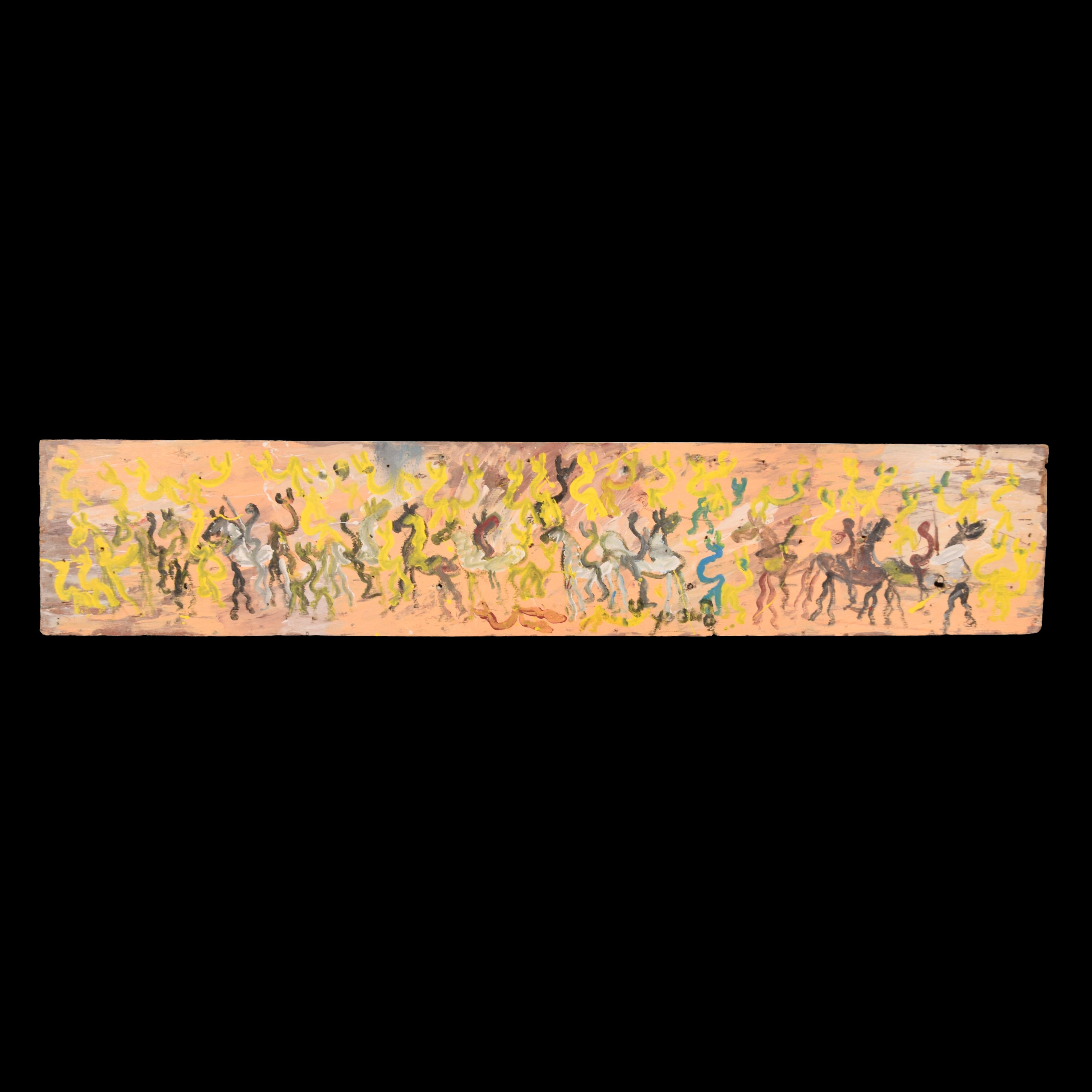 Artistics/Designer ; Fabricant : Purvis Young (américain, 1943-2010)
Marquage(s) ; notes :  signé, LPOO2 FEJU60
MATERIAL : bois peint
Dimensions (H, L, P) : 18.5 "h, 96 "w (l'œuvre n'est pas encadrée)
Informations complémentaires : Provenance :