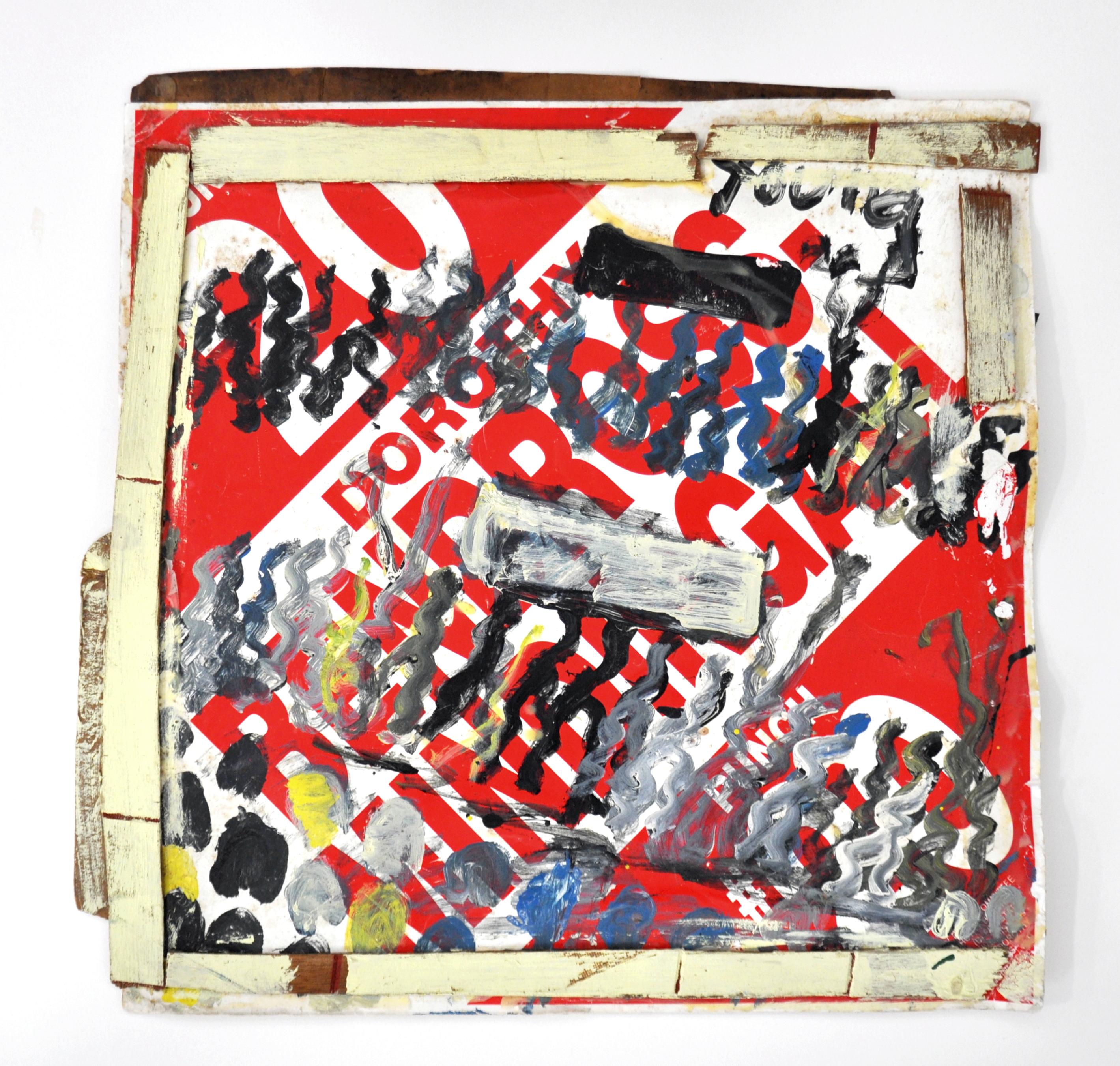 Mixed media work by artist Purvis Young. 
Acrylic on a red and white Dr. Dorothy Bendross-Mindingall political campaign sign and cardboard with applied painted wood frame. 
Depicts folk standing in lines and in a crowd, painted in grey, white,