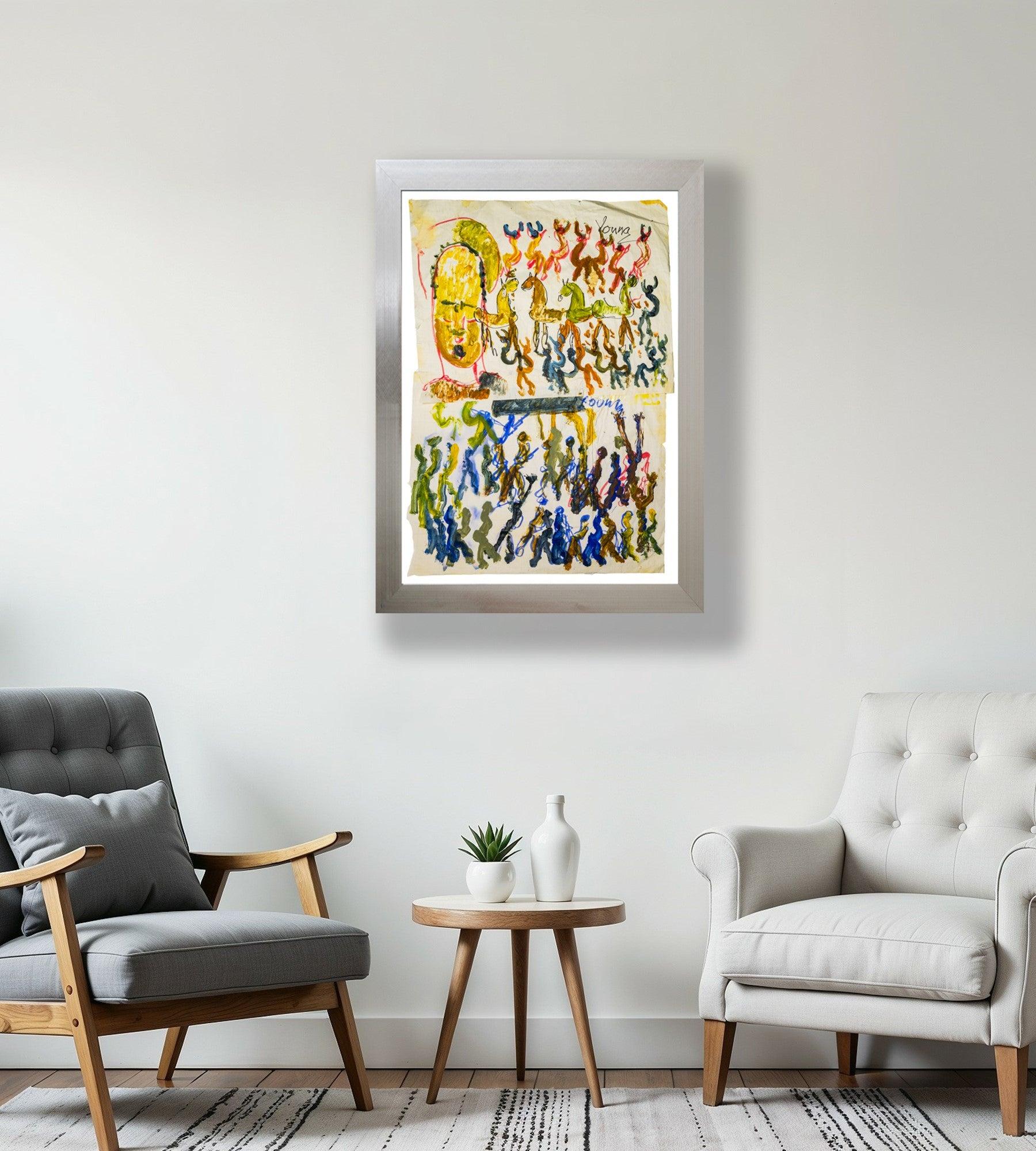 Purvis Young Angel, Horses, and People Original Signed Diptych Painting