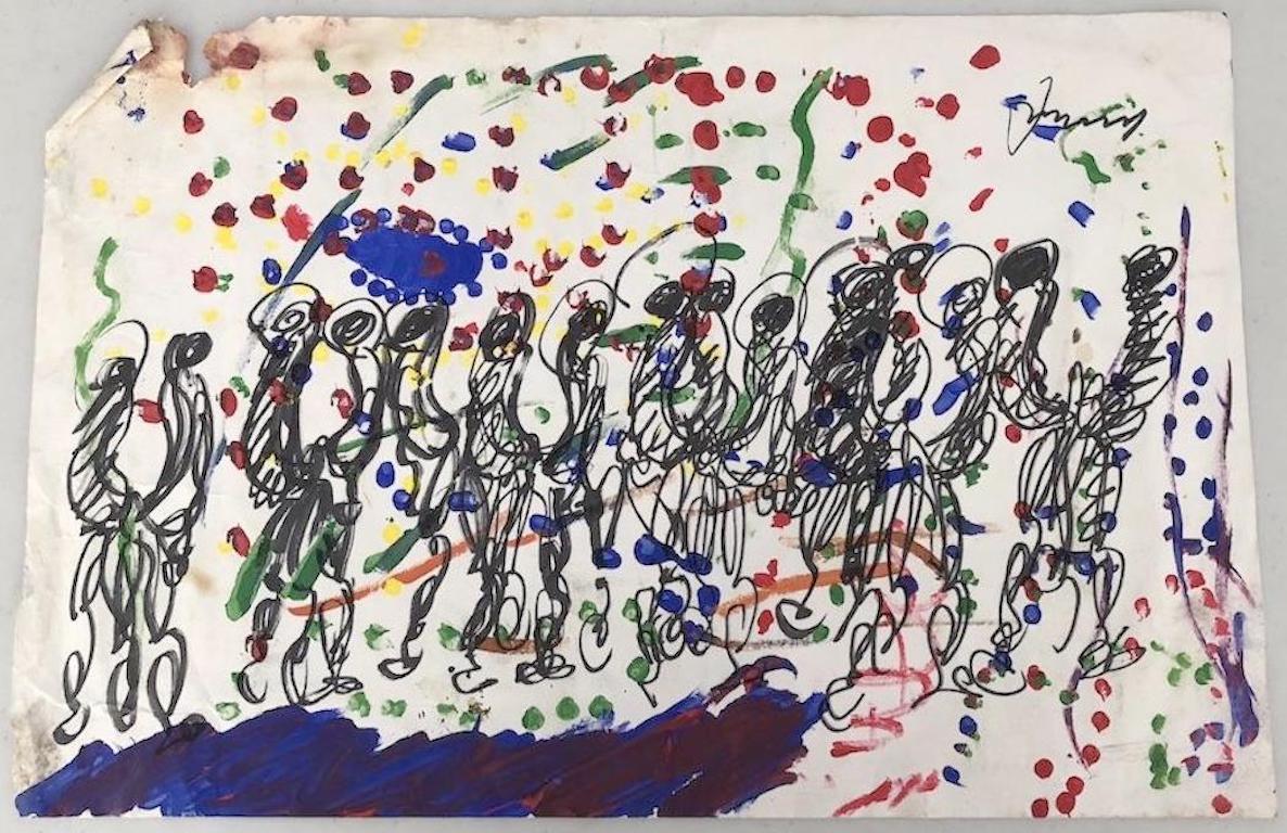 Acrylic on paper of figures surrounded by dots by Purvis Young. 

From the artist to Vanity Novelty Garden, Tamara Hendershot To Rising Fawn Folk Art, The Jimmy Hedges Collection of Outsider Art. 