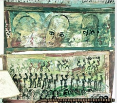 Purvis Young, Green Triptych with Three Angels, Mixed Media circa 1990