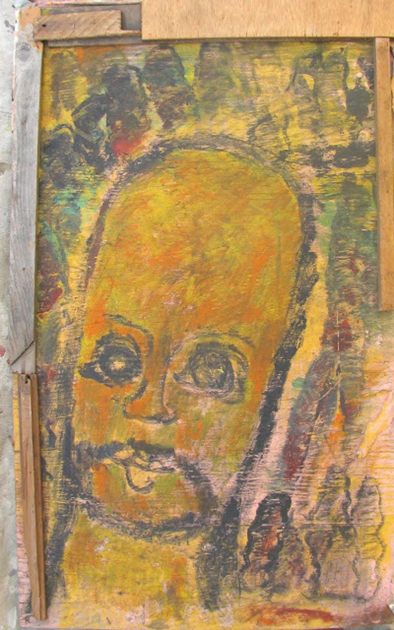 Painting on plywood depicting a man with a mustache by Purvis Young. 

From the artist to Vanity Novelty Garden, Tamara Hendershot To Rising Fawn Folk Art, The Jimmy Hedges Collection of Outsider Art. 
