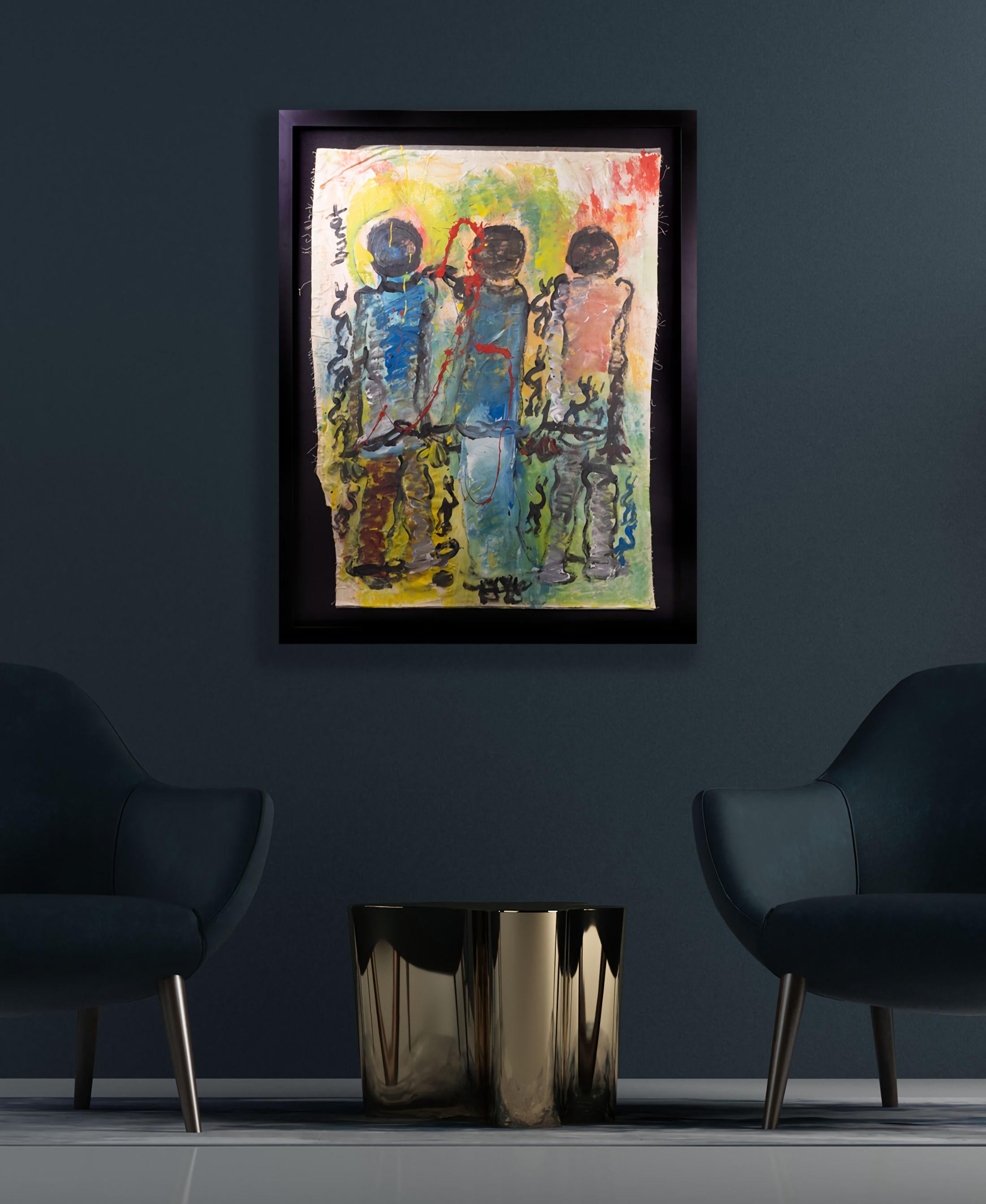 Purvis Young Large 43" Signed Original Painting 3 Men with Foundation COA