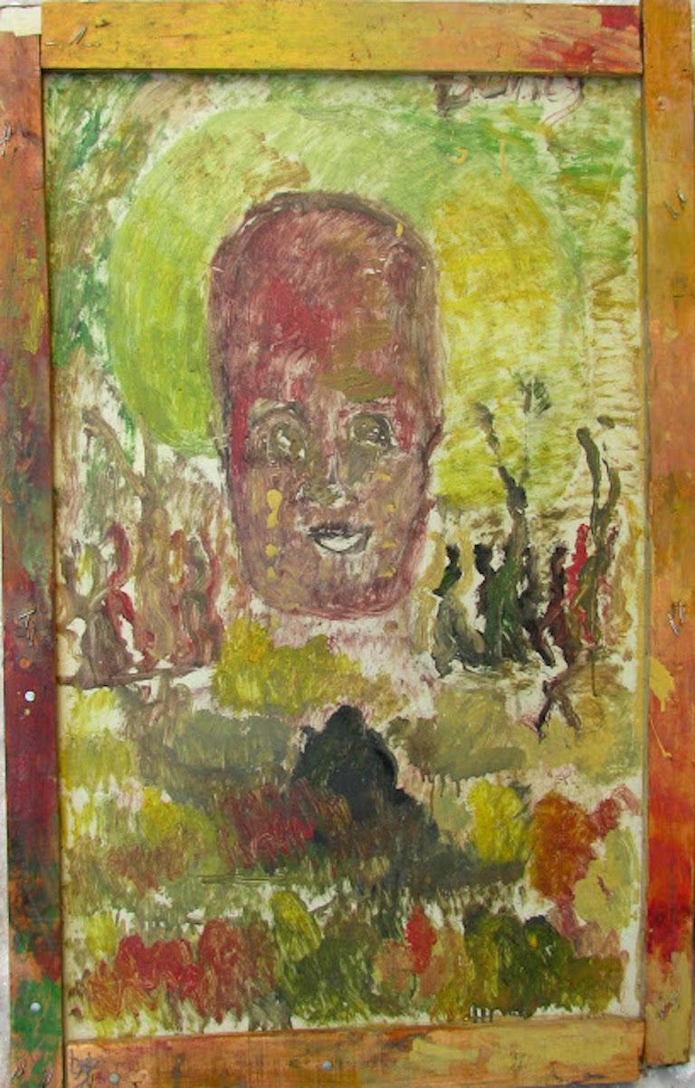 Painting on particleboard of a head and reaching arms by Purvis Young. 

From the artist to Vanity Novelty Garden, Tamara Hendershot To Rising Fawn Folk Art, The Jimmy Hedges Collection of Outsider Art. 