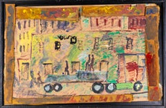 Purvis Young Red Truck City Scene Signed Large 41” Original Painting on Plywood