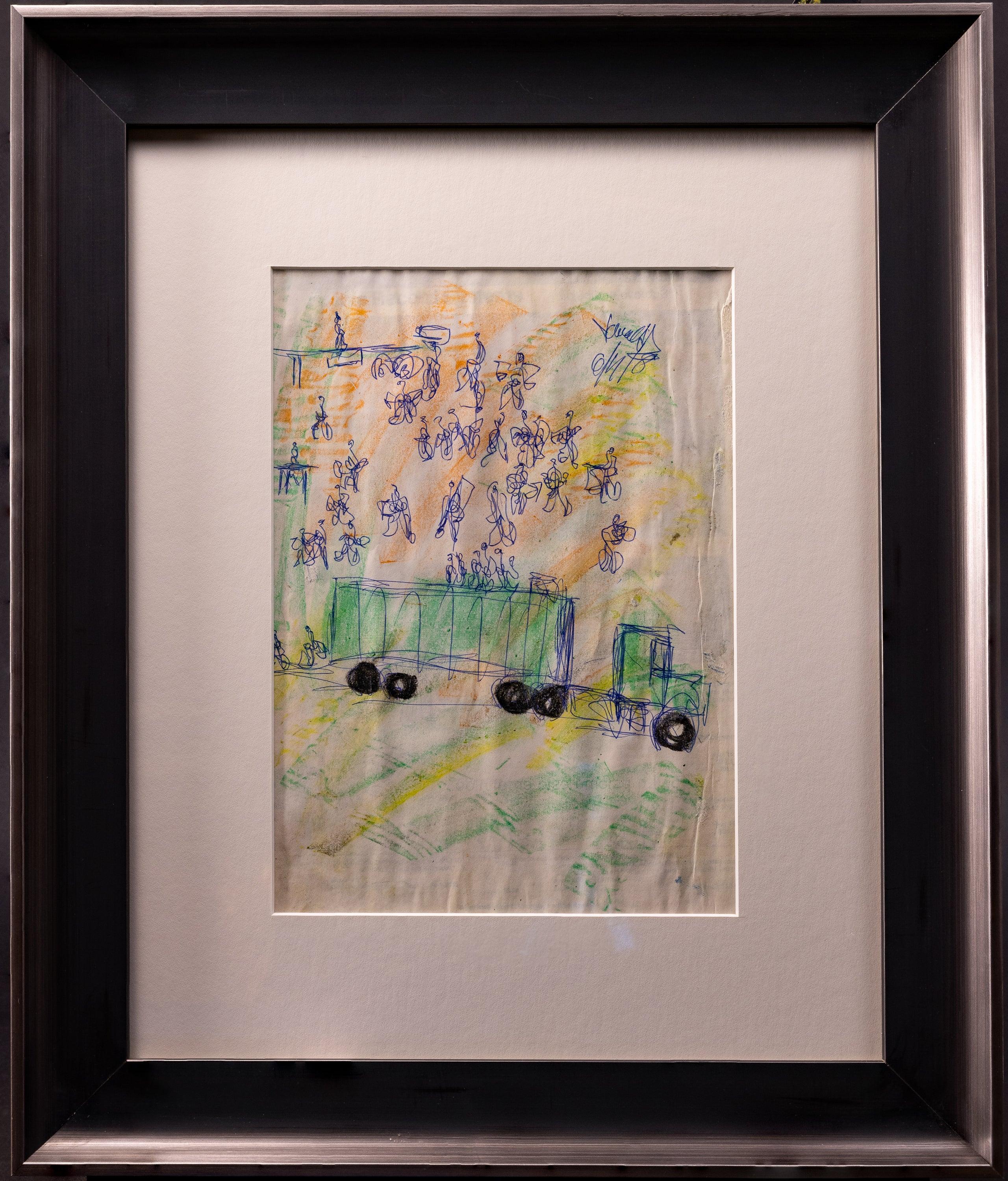 Purvis Young Signed Original Crayon and Ink Dual Sided Truck Drawing