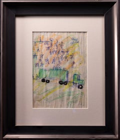 Purvis Young signiert Original Buntstift und Tinte doppelseitige LKW-Zeichnung