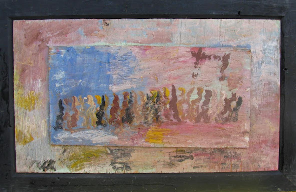 Painting on plywood depicting a row of people by Purvis Young. 

From the artist to Vanity Novelty Garden, Tamara Hendershot To Rising Fawn Folk Art, The Jimmy Hedges Collection of Outsider Art.