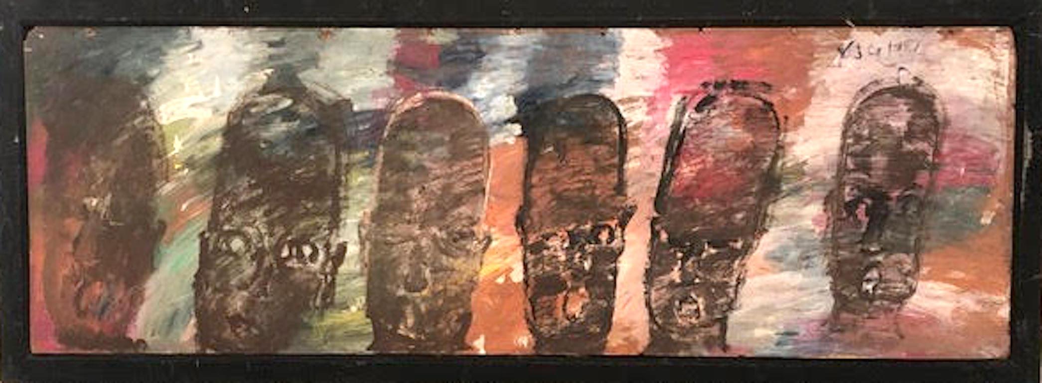 Painting on plywood of six faces by Purvis Young. 

From the artist to Vanity Novelty Garden, Tamara Hendershot To Rising Fawn Folk Art, The Jimmy Hedges Collection of Outsider Art. 