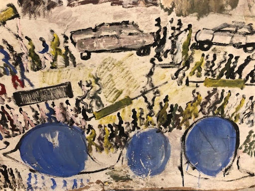 Purvis Young, Train above the City with Eyes, Painting on Cardboard, circa 1990 3