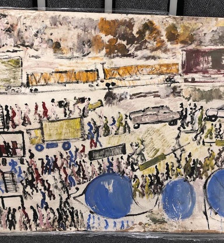 Purvis Young, Train above the City with Eyes, Painting on Cardboard, circa 1990 6