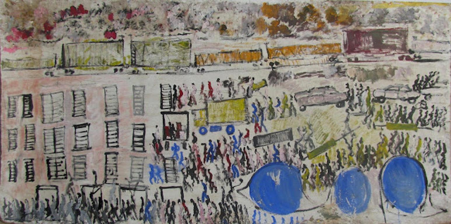 Cityscape painting on cardboard of a train, people, and eyes by Purvis Young. 

From the artist to Vanity Novelty Garden, Tamara Hendershot To Rising Fawn Folk Art, The Jimmy Hedges Collection of Outsider Art. 