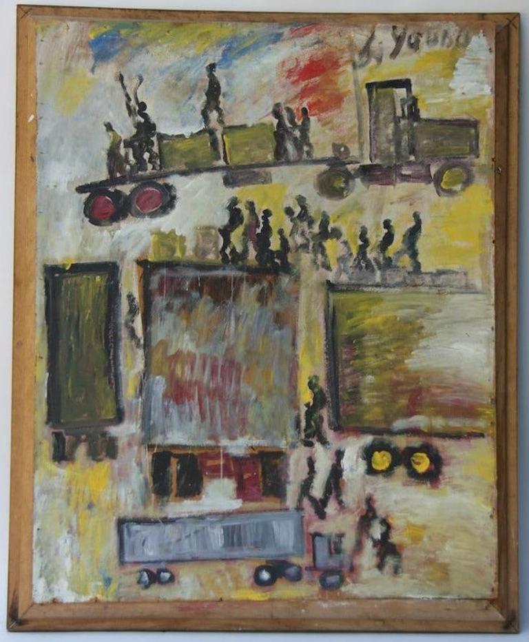 Trucks in the City African American Self-Taught Florida Outsider Folk Art Urban - Painting by Purvis Young