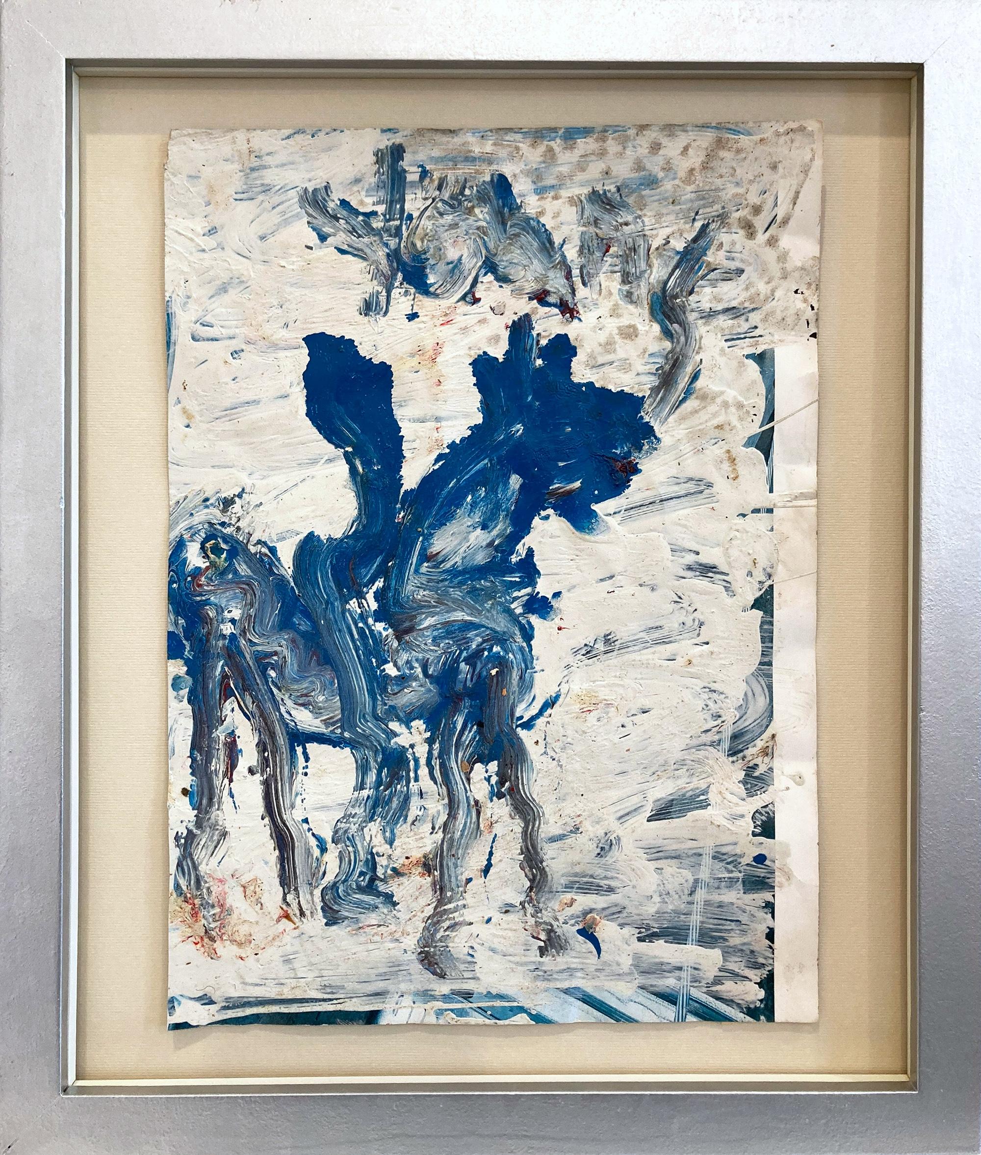 "Rider on Blue Horse" Contemporary Outsider Urban Expressionism Painting Framed