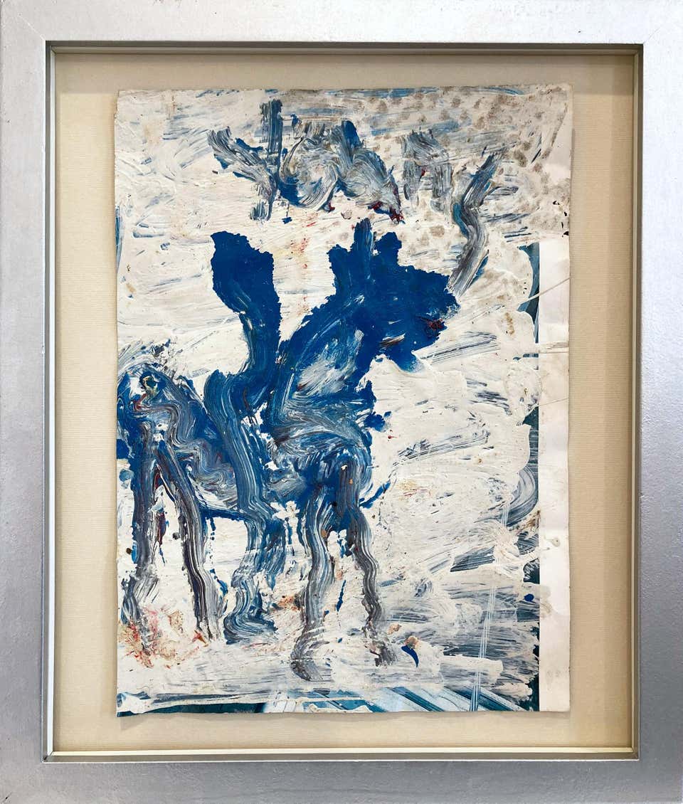 "Rider on Blue Horse" Contemporary Outsider Urban Expressionism Painting Framed