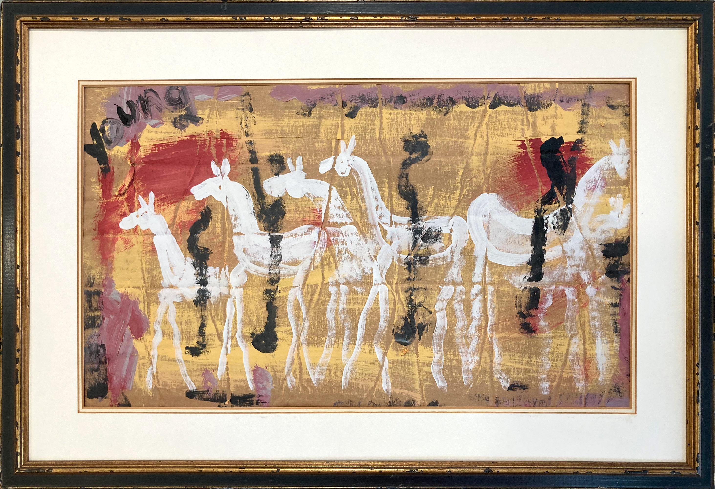 Purvis Young Figurative Painting - "Wild White Horses" Contemporary Outsider Urban Expressionism Painting Framed