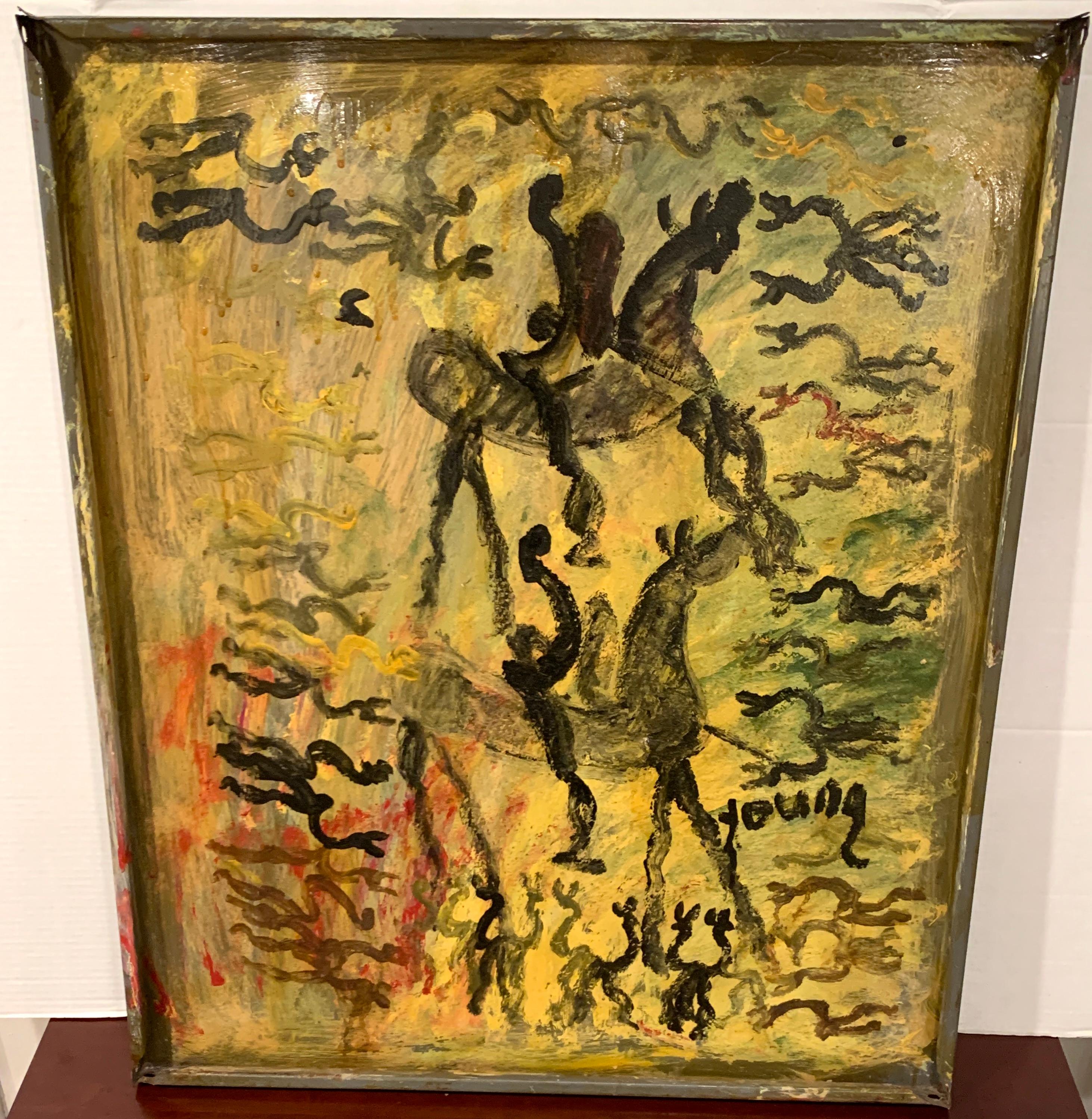 'Freedom Warriors on Horseback' by Purvis Young
USA, circa 1980s
Purvis Young,'Freedom Warriors on Horseback, a large work  painted on air handler metal side panel or the like, with a 1.5