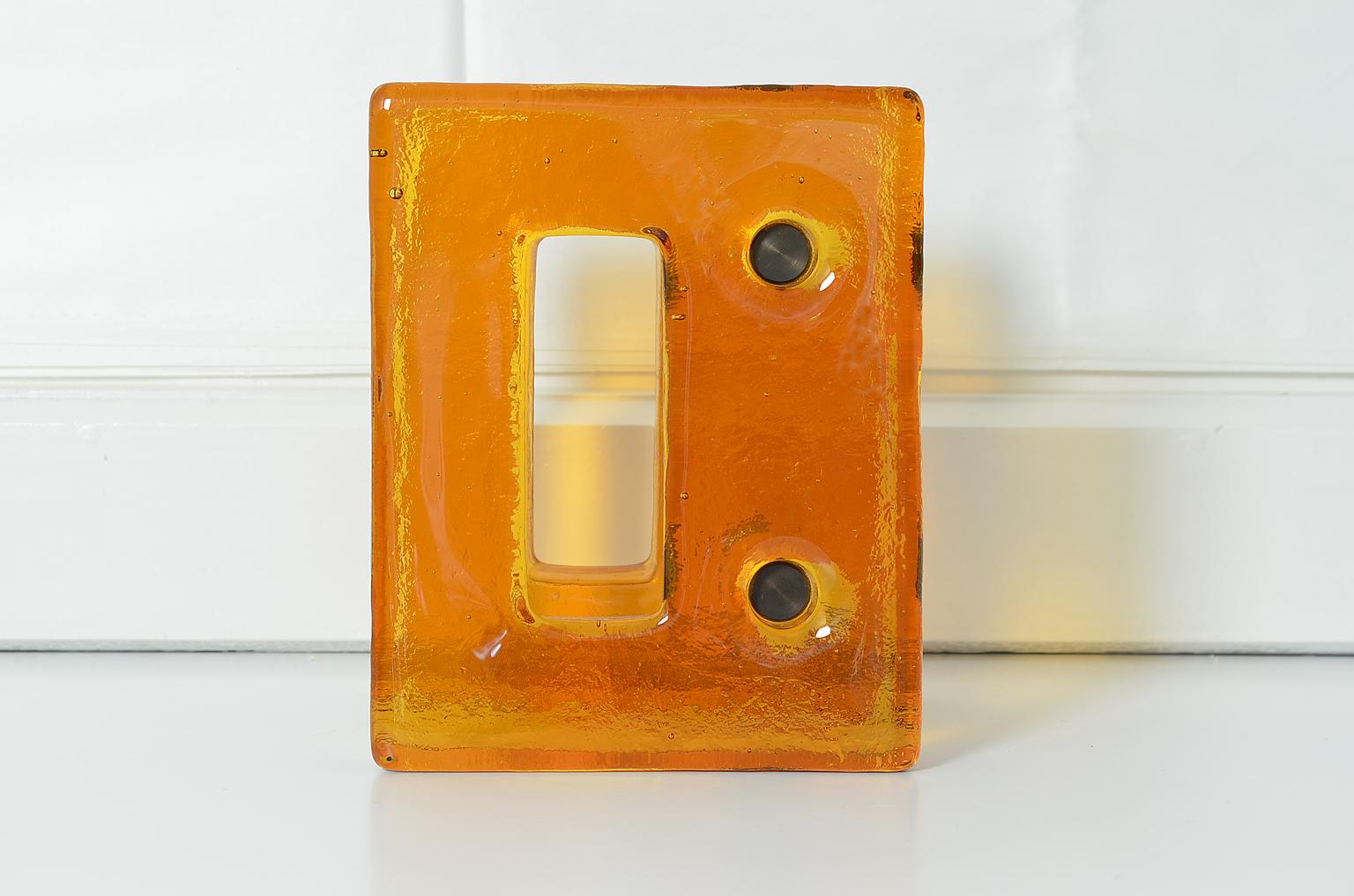 Mid-Century Modern Push and Pull Door Handle in Orange Glass with Brass Fittings, France, 1970s For Sale