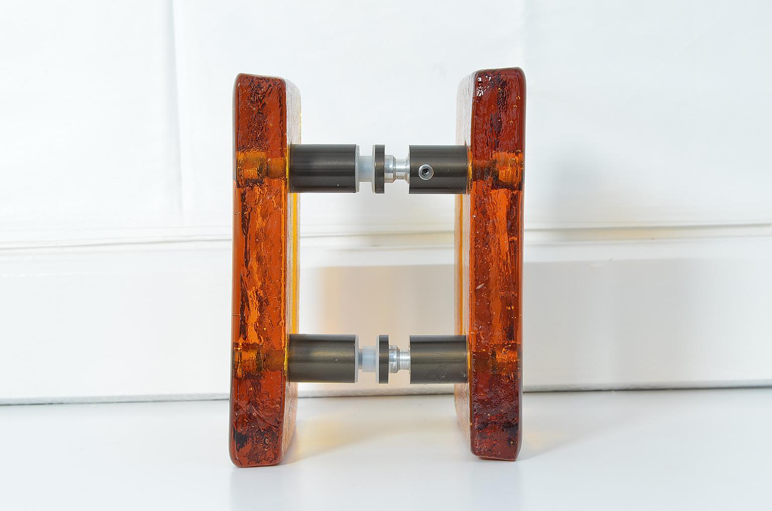 French Push and Pull Door Handle in Orange Glass with Brass Fittings, France, 1970s For Sale