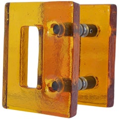Push and Pull Door Handle in Orange Glass with Brass Fittings, France, 1970s