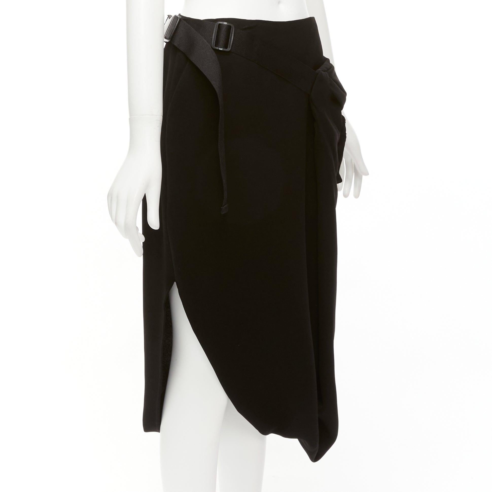 Black PUSH BUTTON black fabric belt bag buckle insert drape mid waist midi skirt S For Sale
