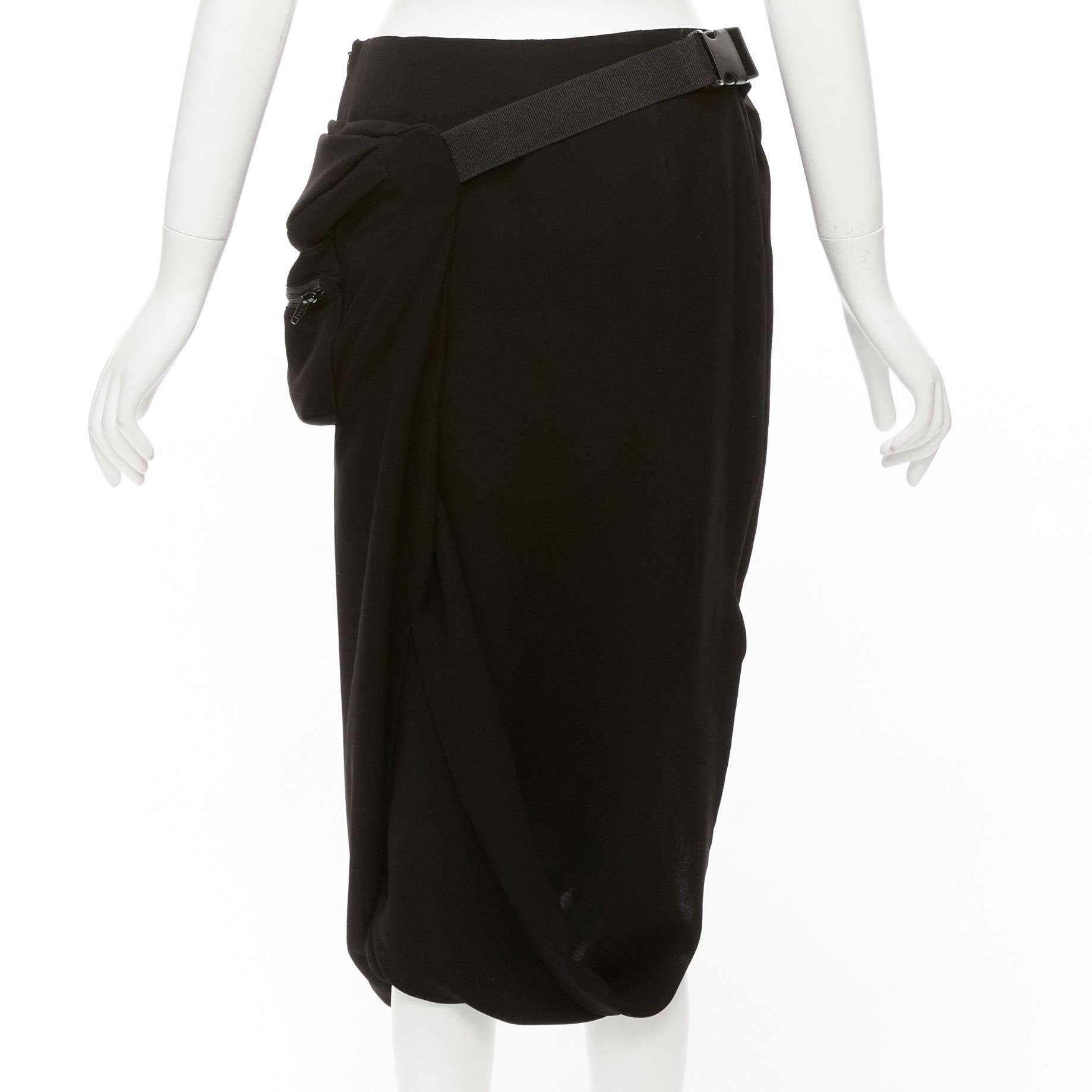 Women's PUSH BUTTON black fabric belt bag buckle insert drape mid waist midi skirt S For Sale