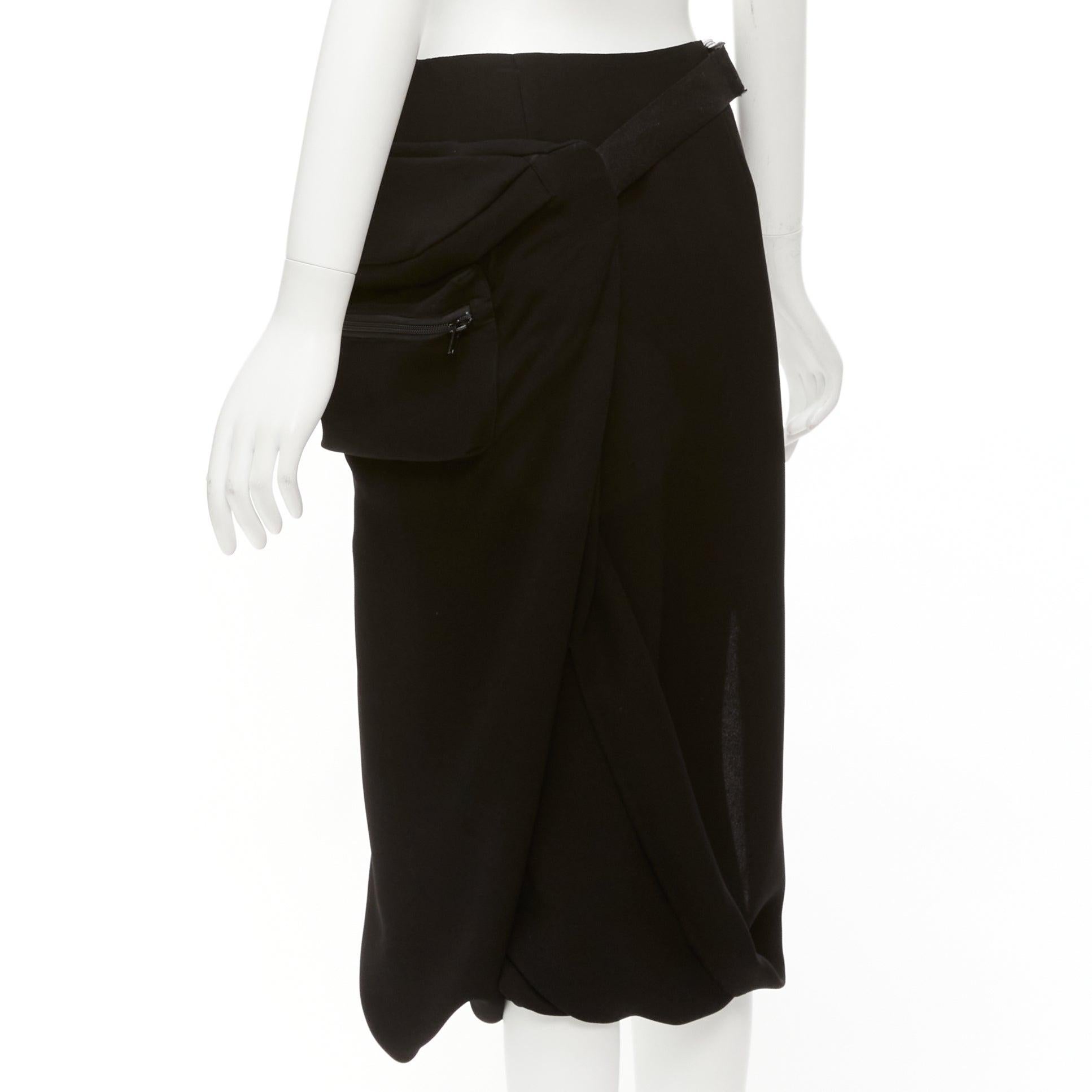 PUSH BUTTON black fabric belt bag buckle insert drape mid waist midi skirt S For Sale 2