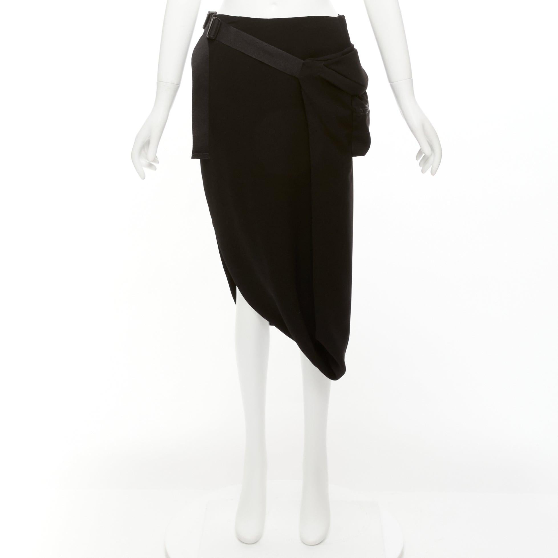 PUSH BUTTON black fabric belt bag buckle insert drape mid waist midi skirt S For Sale 5