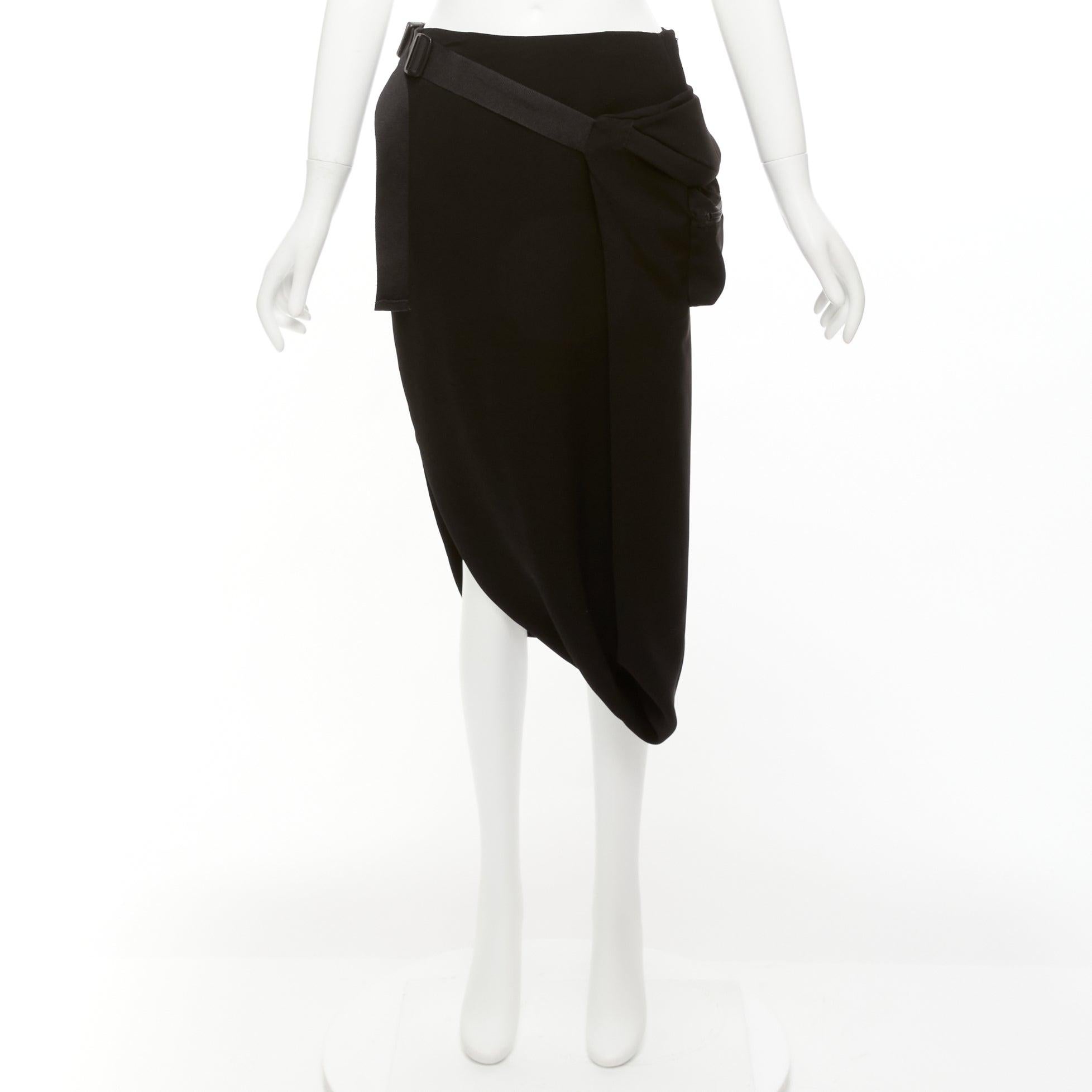 PUSH BUTTON black fabric belt bag buckle insert drape mid waist midi skirt S For Sale 4