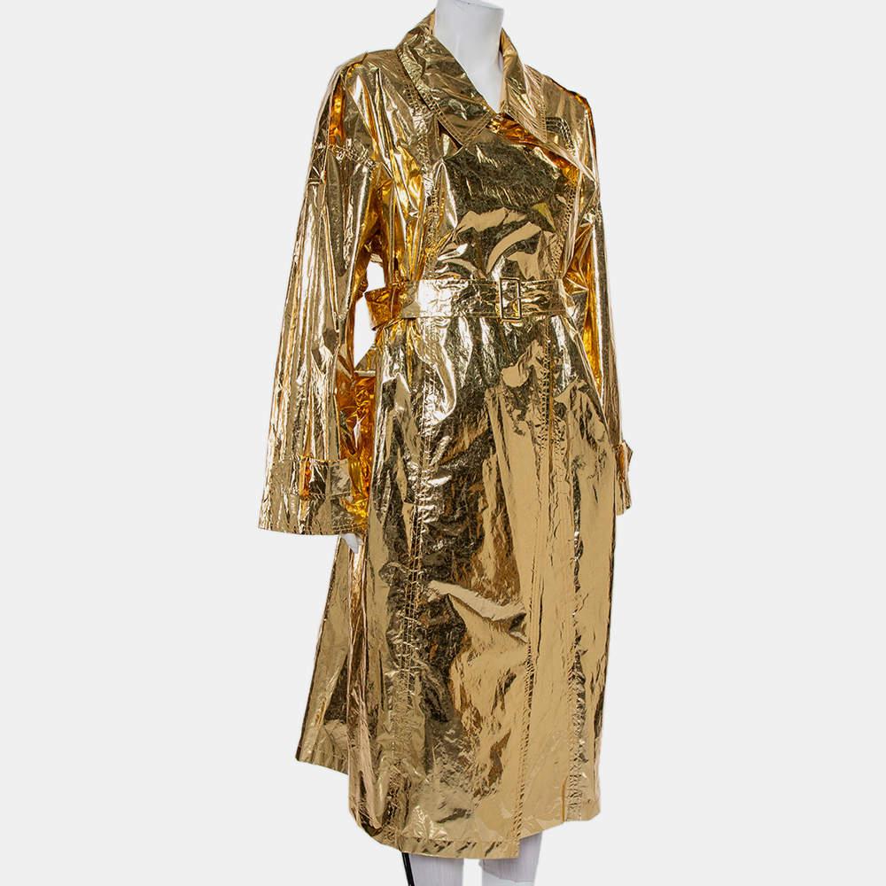 Push Button Metallic Gold Crinkled Synthetic Belted Oversized Trench Coat M For Sale 1