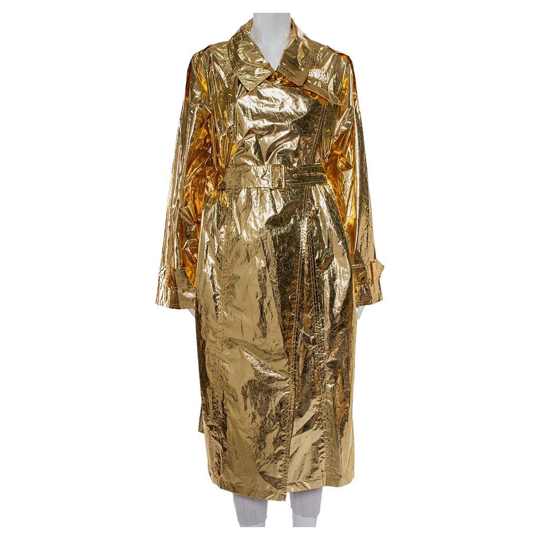 Push Button Metallic Gold Crinkled Synthetic Belted Oversized Trench Coat M For Sale