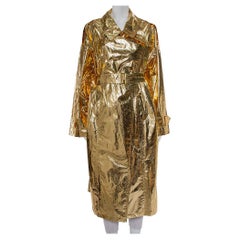 Push Button Metallic Gold Crinkled Synthetic Belted Oversized Trench Coat M