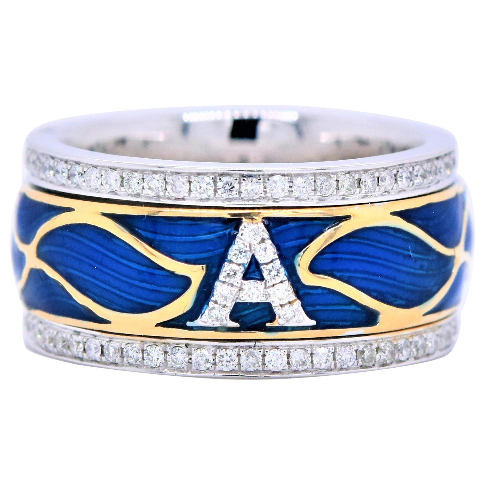 18k White Gold Enamel Initial Ring with Diamond Inlay  For Sale