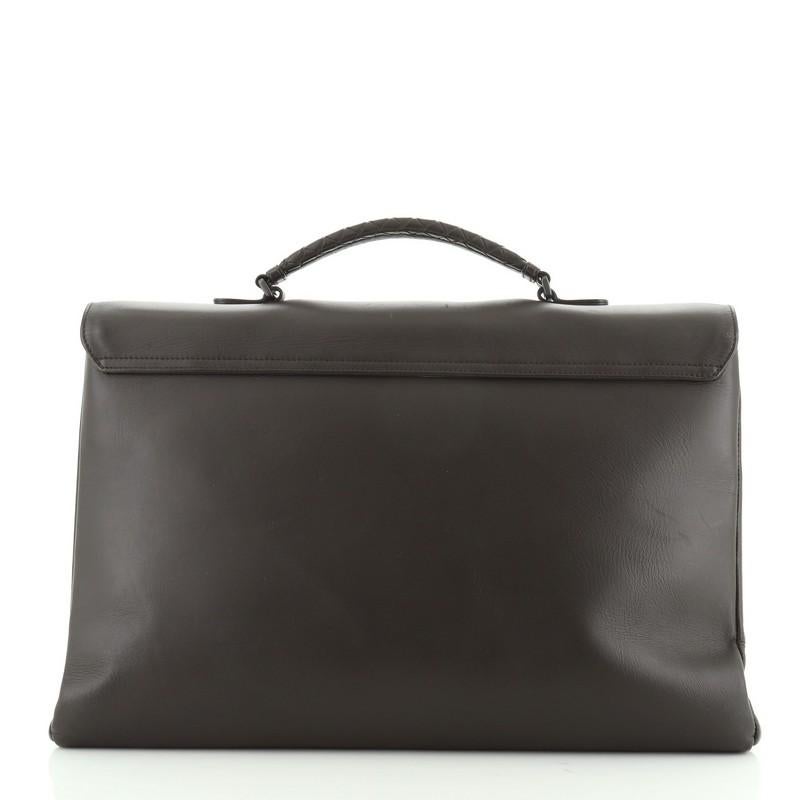 Black Pushlock Flap Briefcase Leather with Intrecciato Detail Large