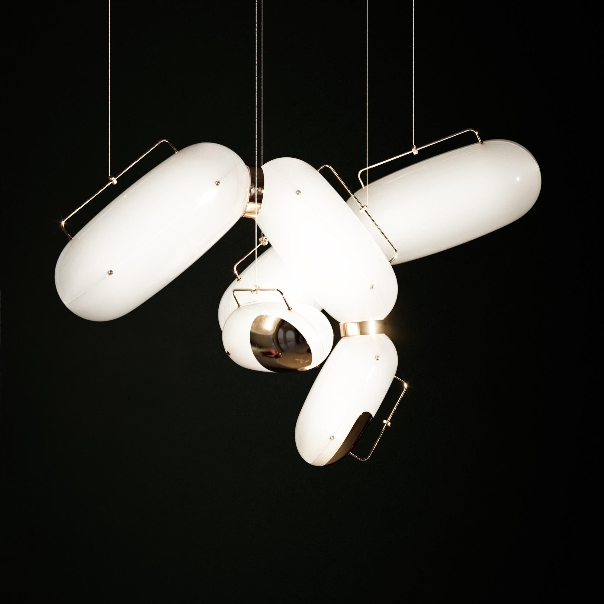 Put Up Put Up Pendant Lamp by Taras Yoom
Limited Edition of 5
Dimensions: D 80 x H 160 cm cm
Materials: Acrylic, brass.

The luminaire consists of matte acrylic parts (phalanges) with brass clasps, with adjustable suspensions to create compositions.