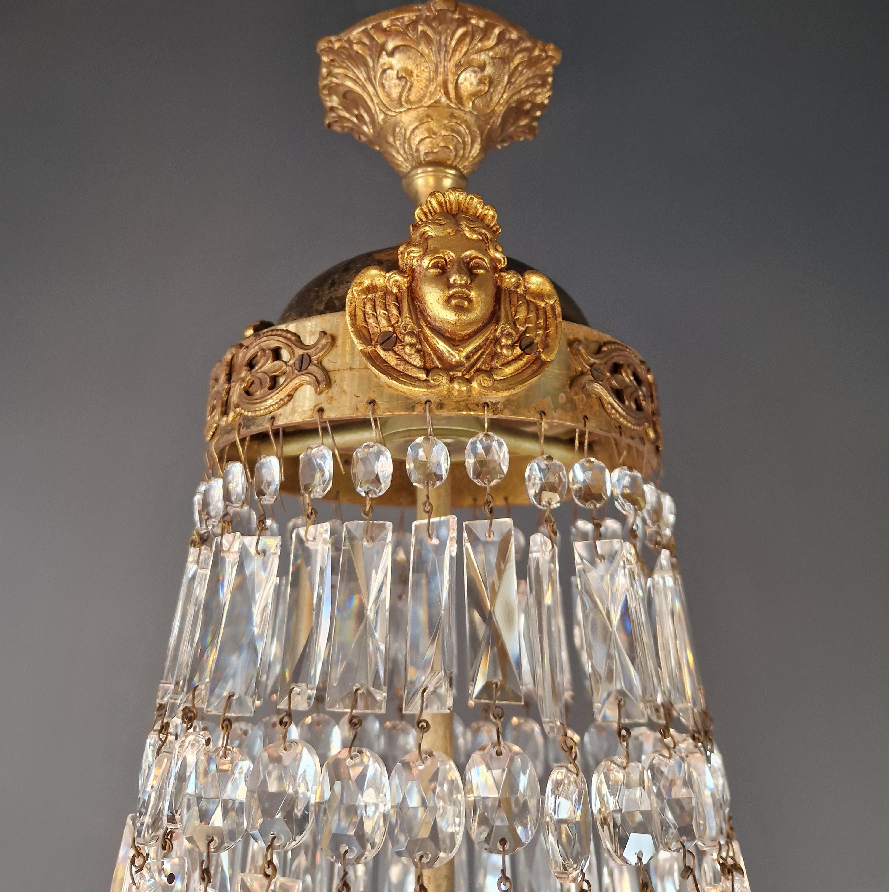 Putti Face Empire Lampadario Cristallo Oro Cesto Ottone Antico Classico in vendita 3