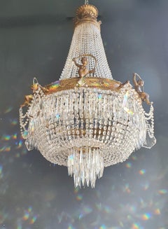 Putten Engel Empire Kronleuchter Kristall Gold Korb Antik Messing Klassisch