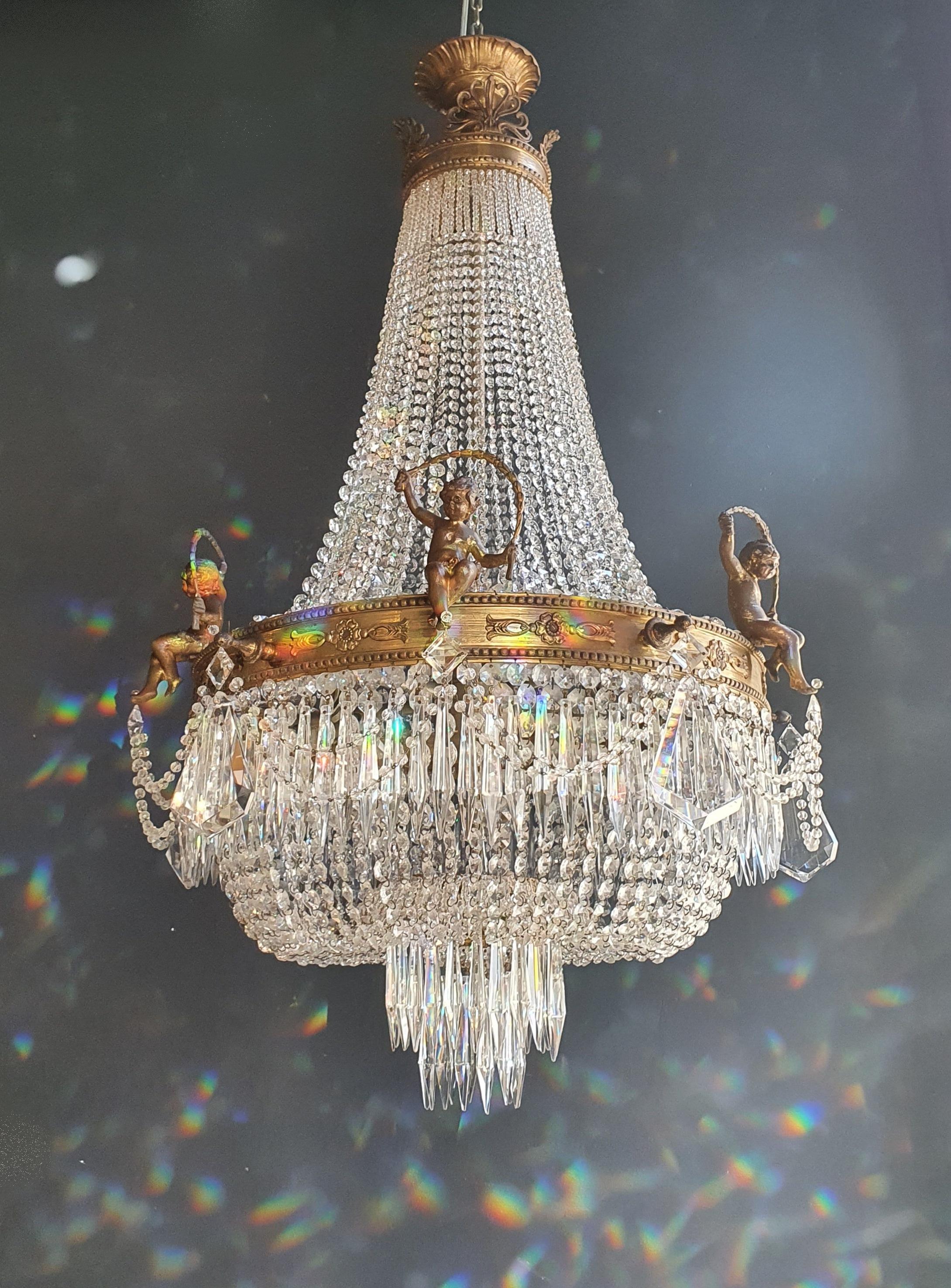 European Putti Angel Empire Chandelier Crystal Gold Basket Antique Brass Classic