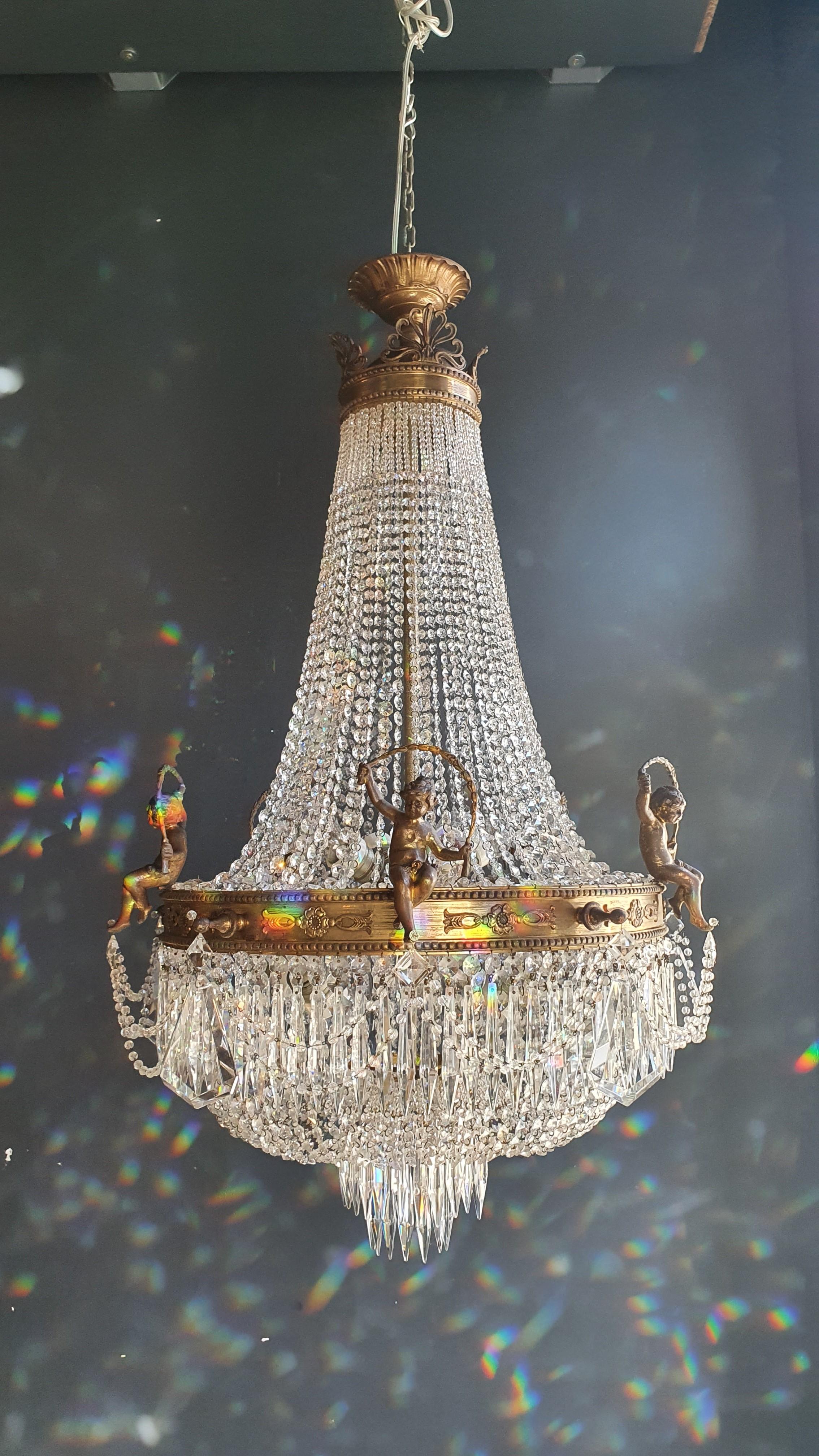 Hand-Knotted Putti Angel Empire Chandelier Crystal Gold Basket Antique Brass Classic