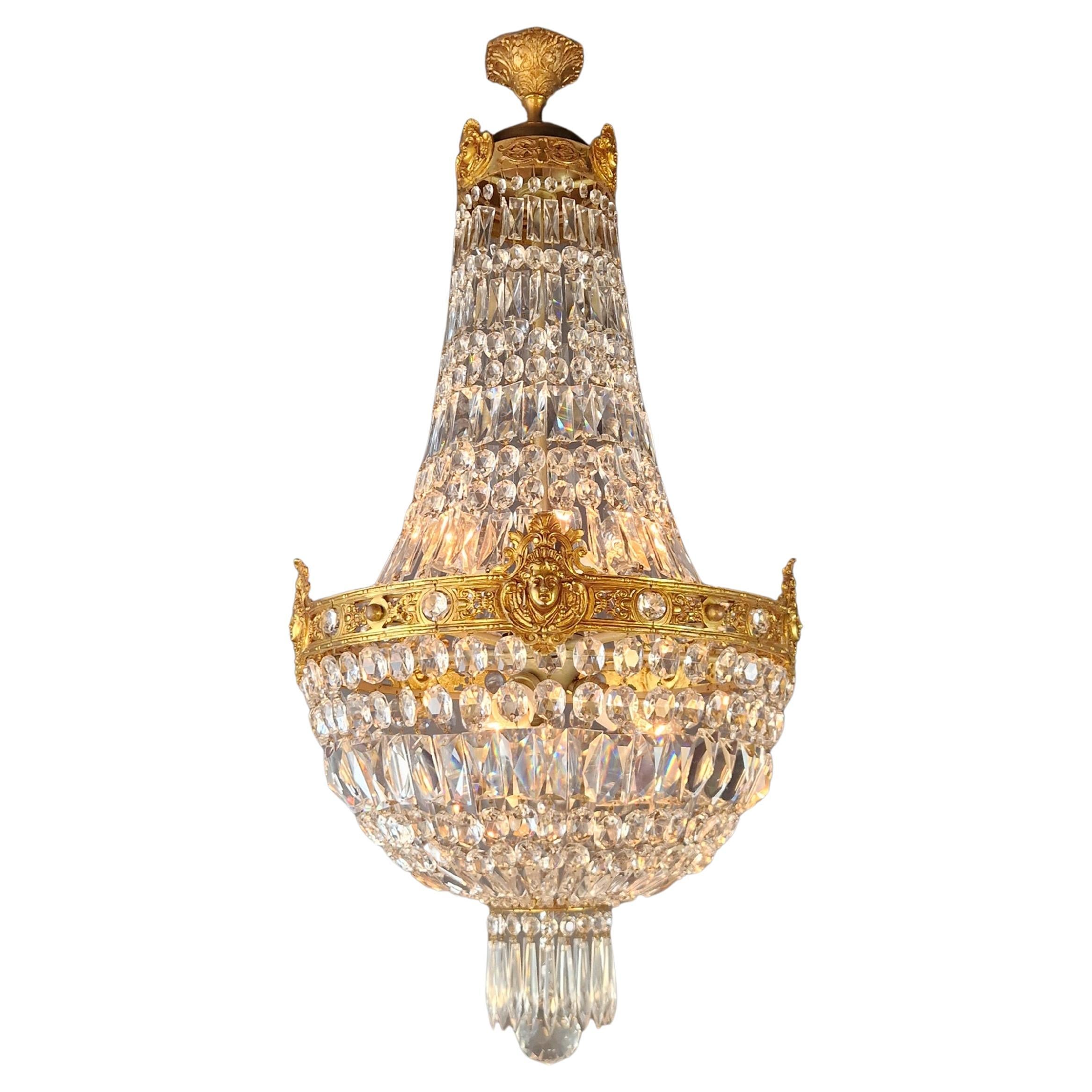 Putti Face Empire Lampadario Cristallo Oro Cesto Ottone Antico Classico