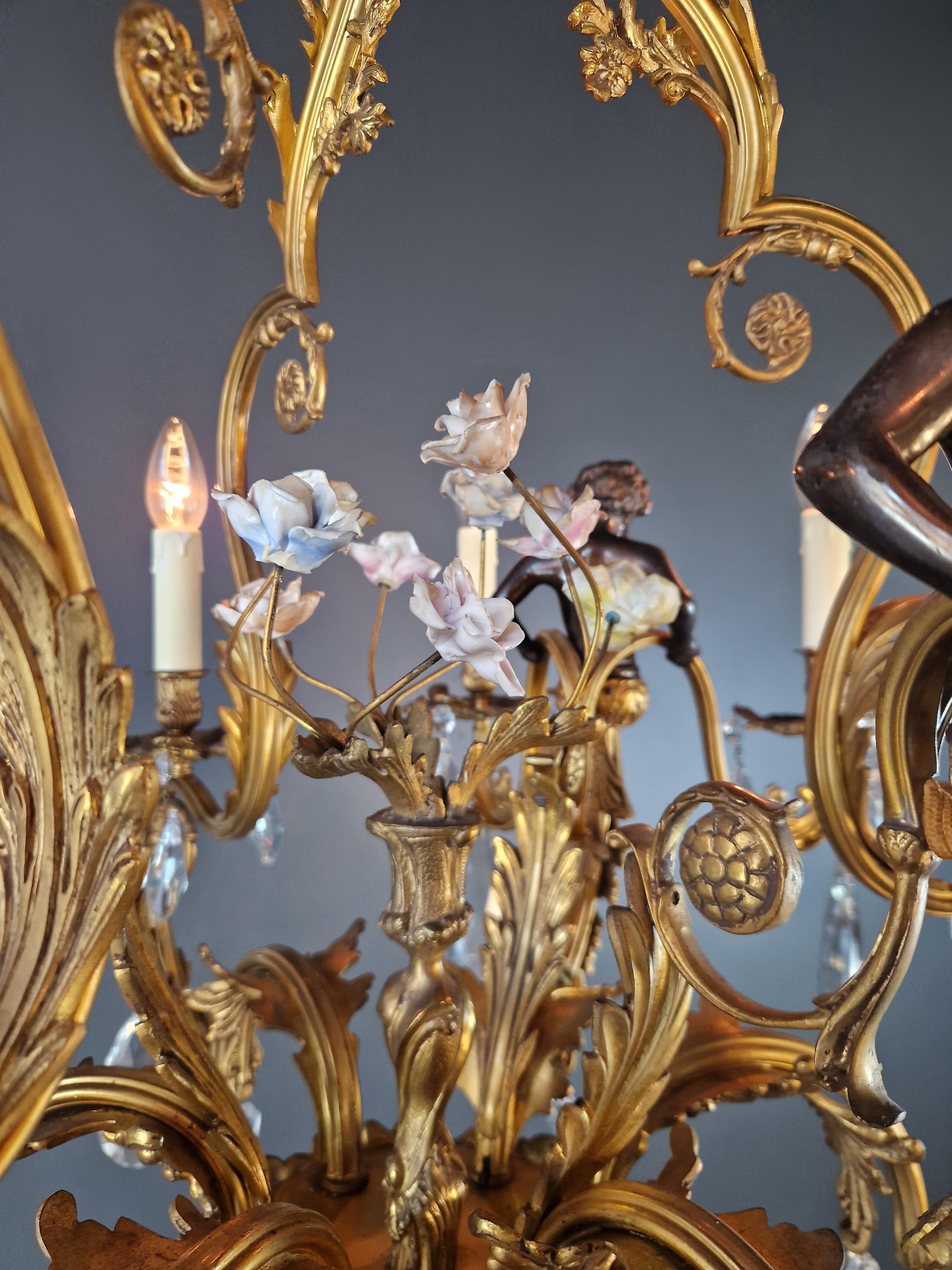 Putti Lustre Baroque Cristal Or Corbeille Laiton Antique Porcelaine rose en vente 3