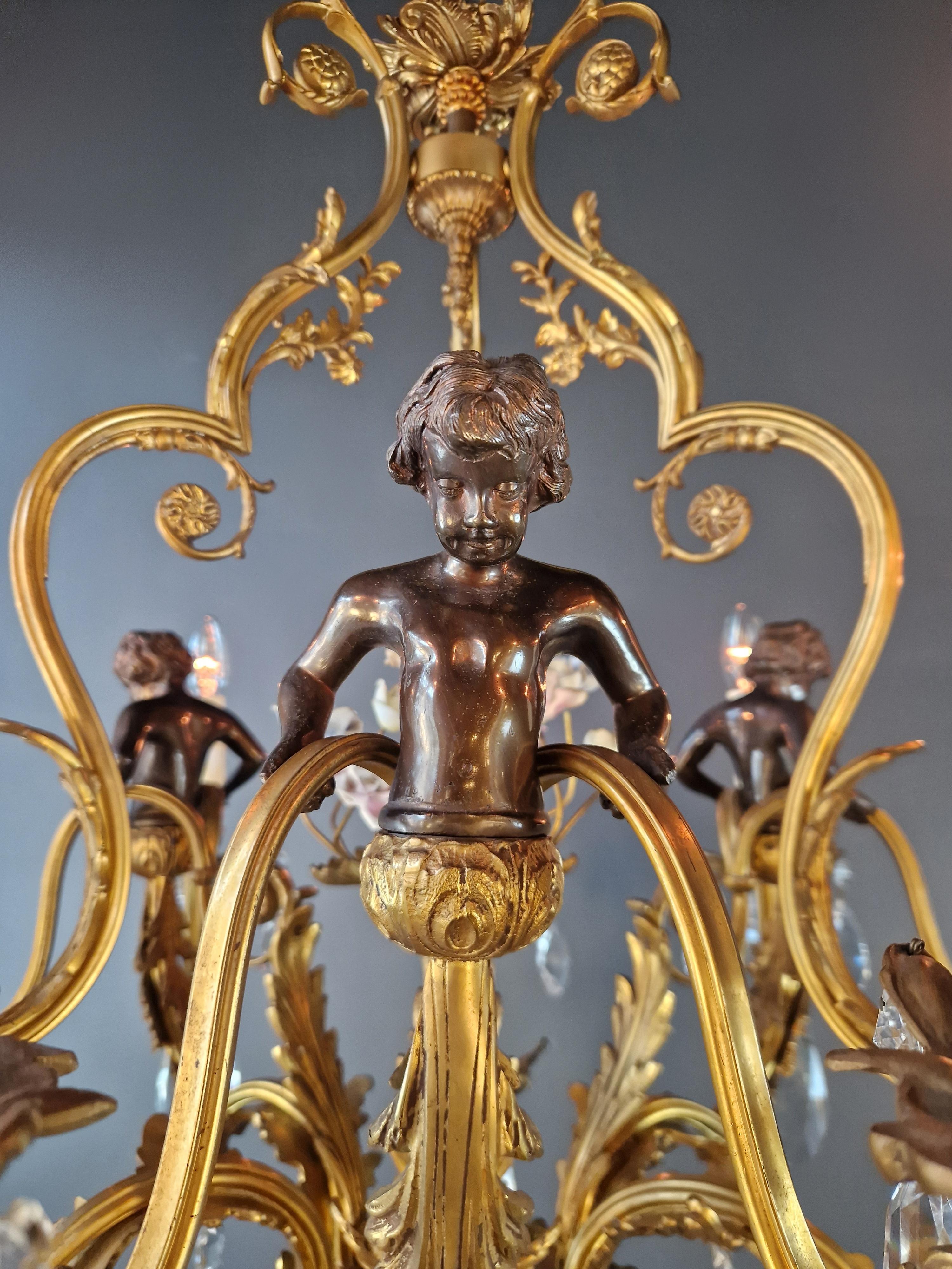 Putti Lustre Baroque Cristal Or Corbeille Laiton Antique Porcelaine rose en vente 4