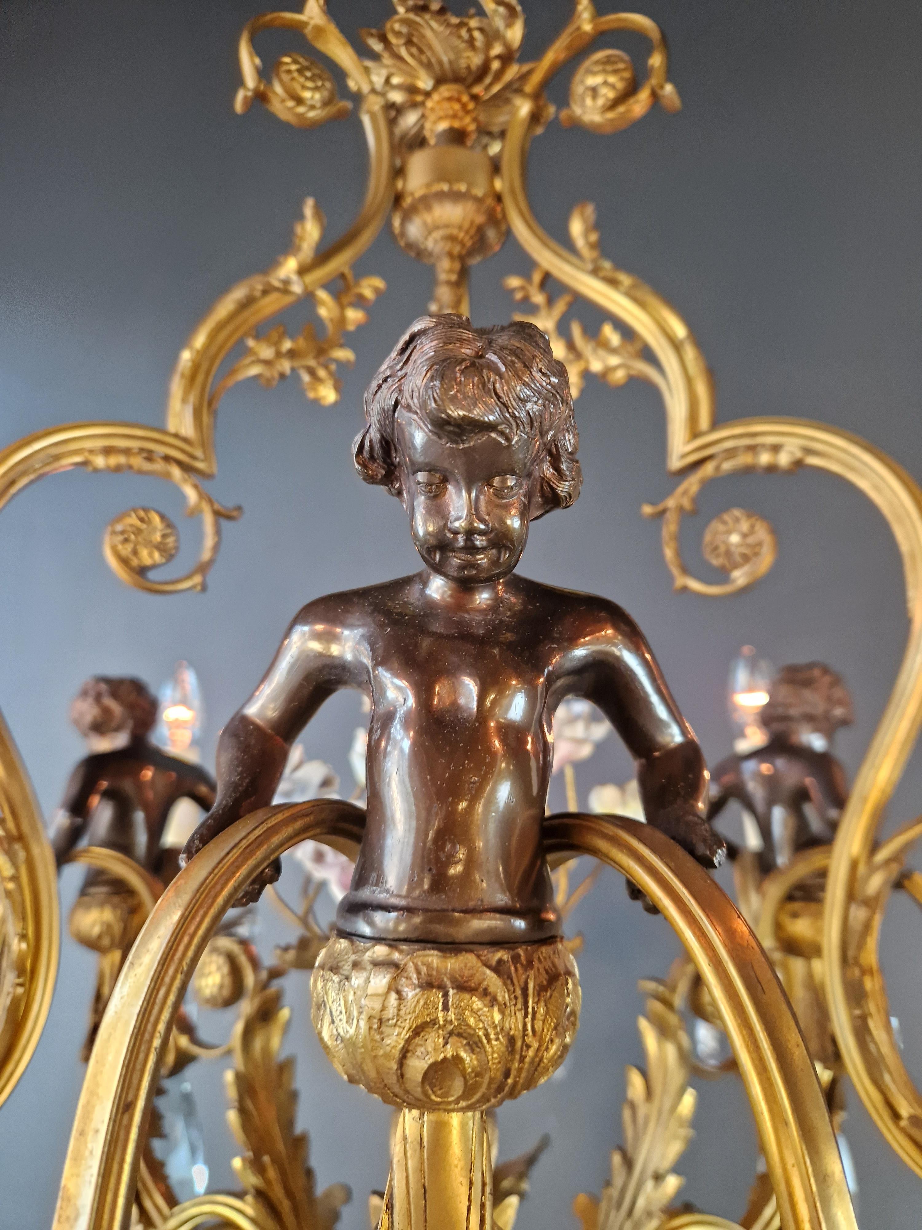 Putti Lustre Baroque Cristal Or Corbeille Laiton Antique Porcelaine rose en vente 5