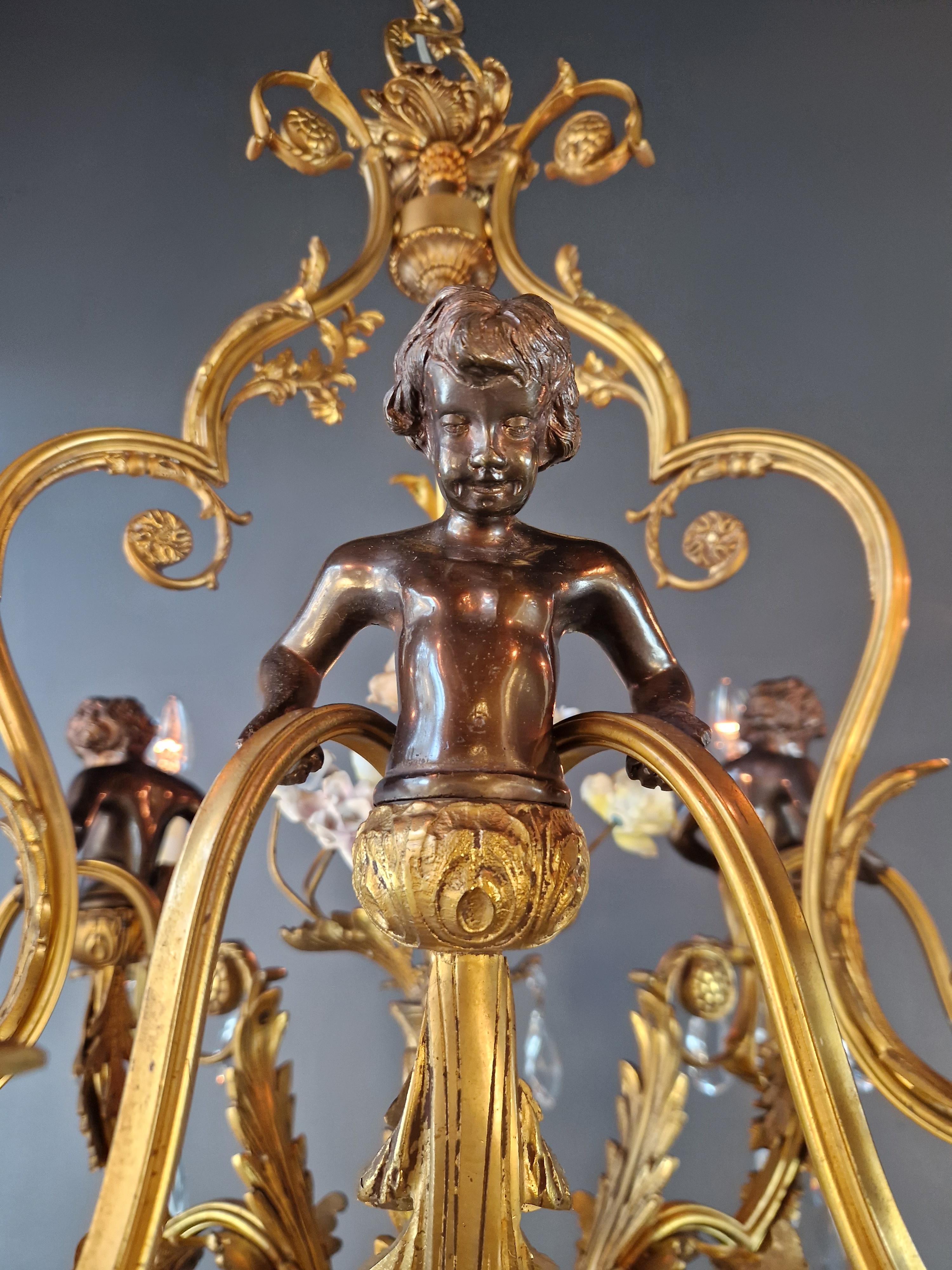 Putti Lustre Baroque Cristal Or Corbeille Laiton Antique Porcelaine rose en vente 6