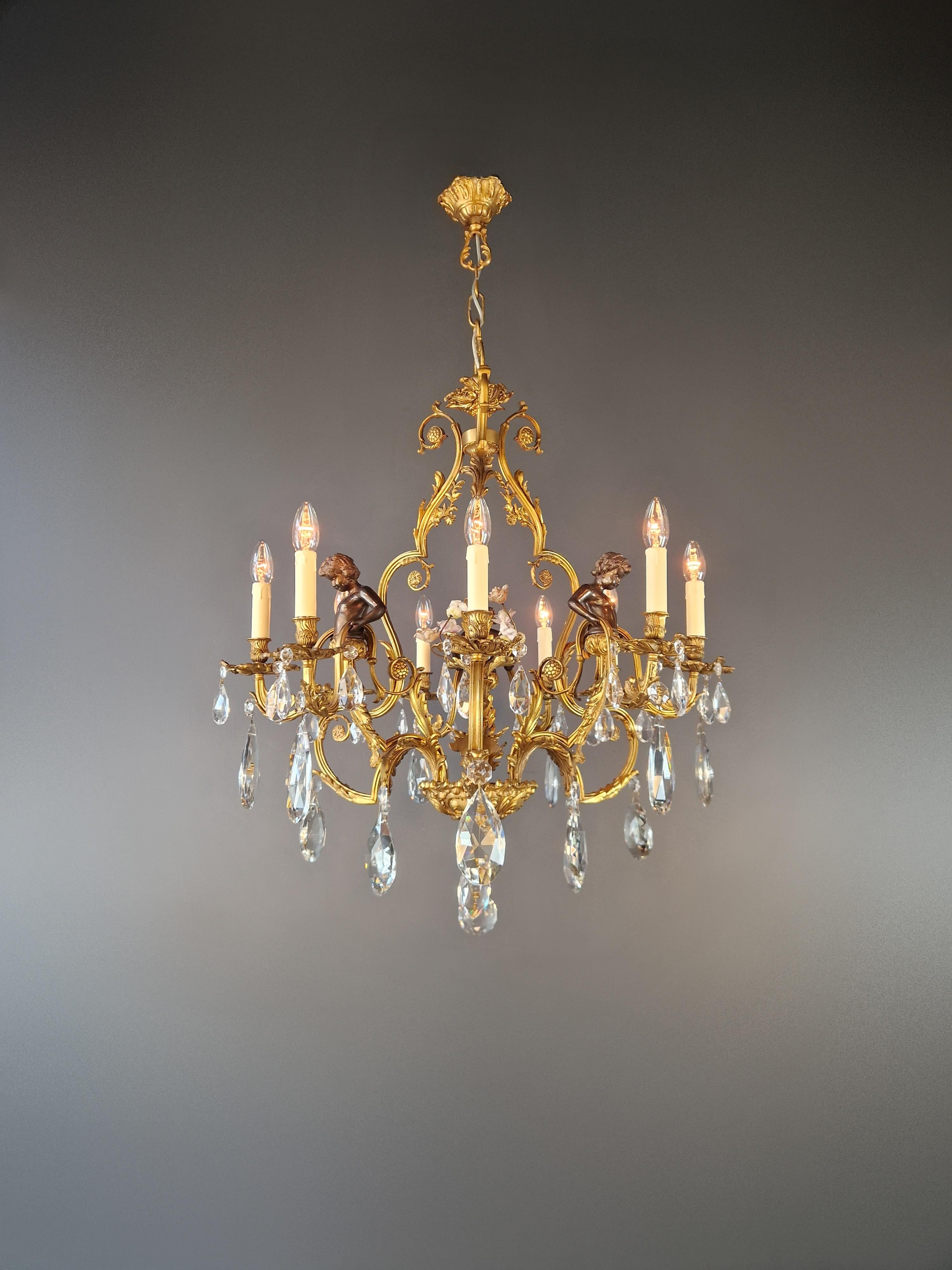 Empire Putti Lustre Baroque Cristal Or Corbeille Laiton Antique Porcelaine rose en vente