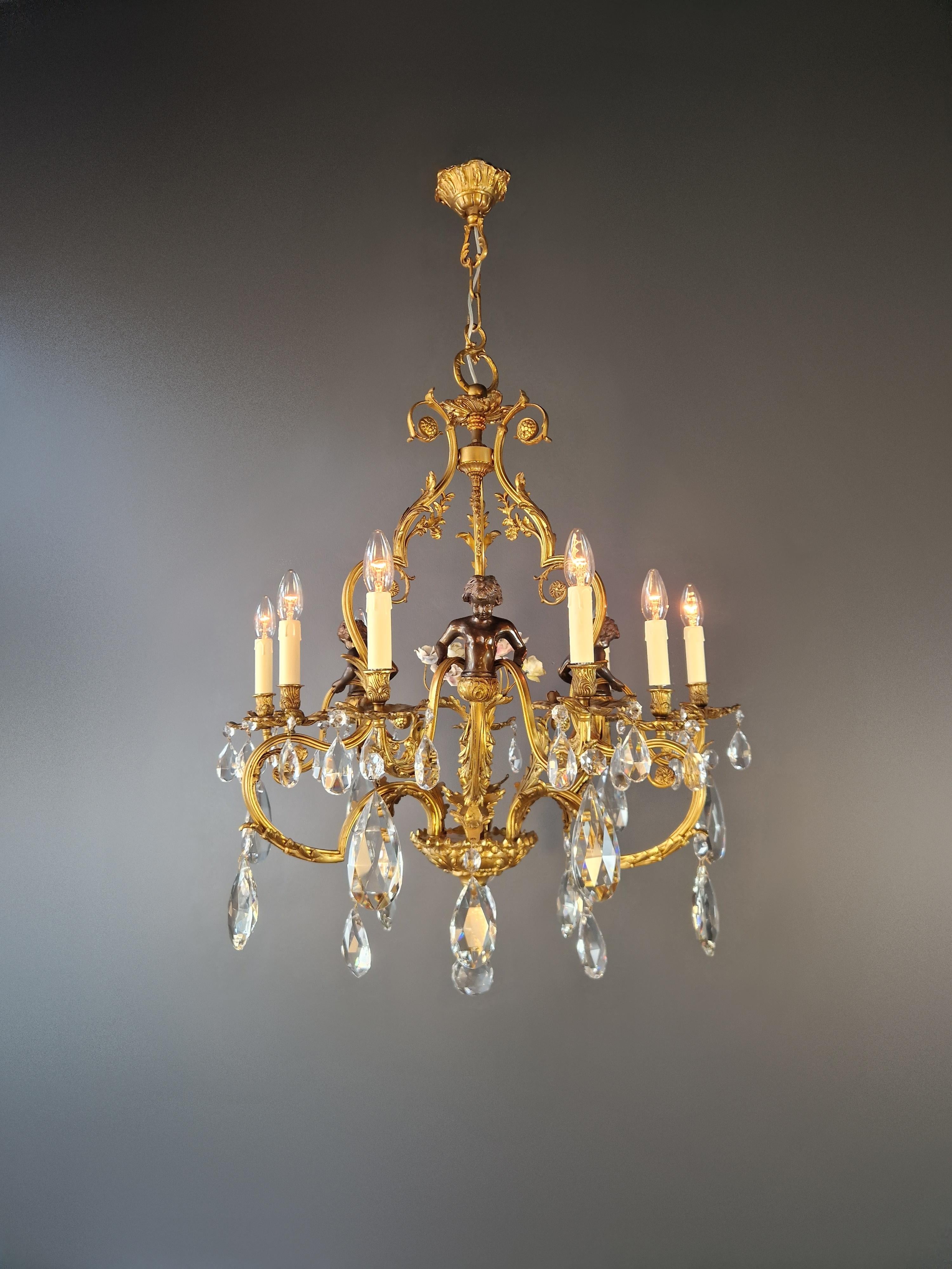 italien Putti Lustre Baroque Cristal Or Corbeille Laiton Antique Porcelaine rose en vente