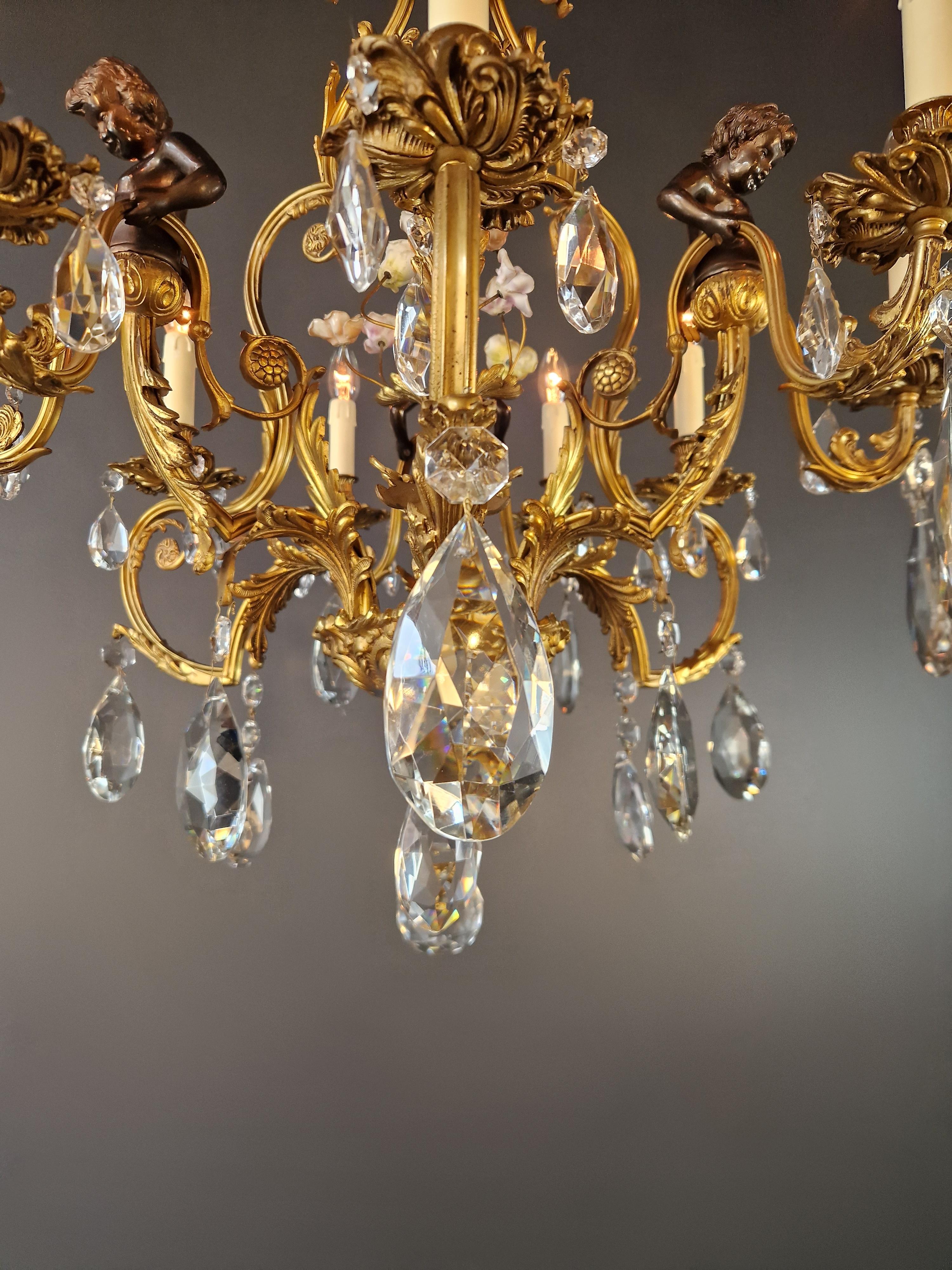 Putti Lustre Baroque Cristal Or Corbeille Laiton Antique Porcelaine rose Bon état - En vente à Berlin, DE