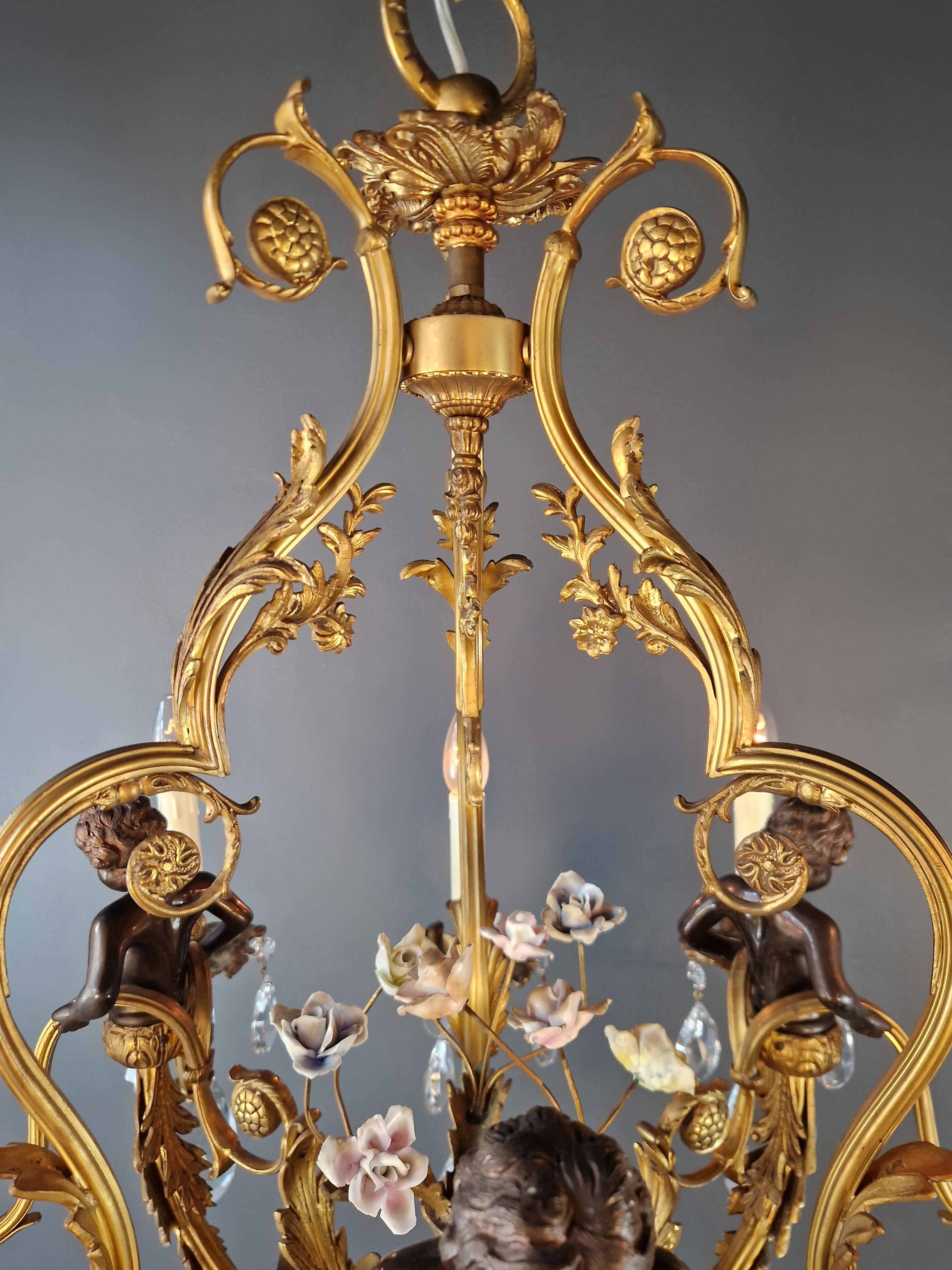 Putti Lustre Baroque Cristal Or Corbeille Laiton Antique Porcelaine rose en vente 2